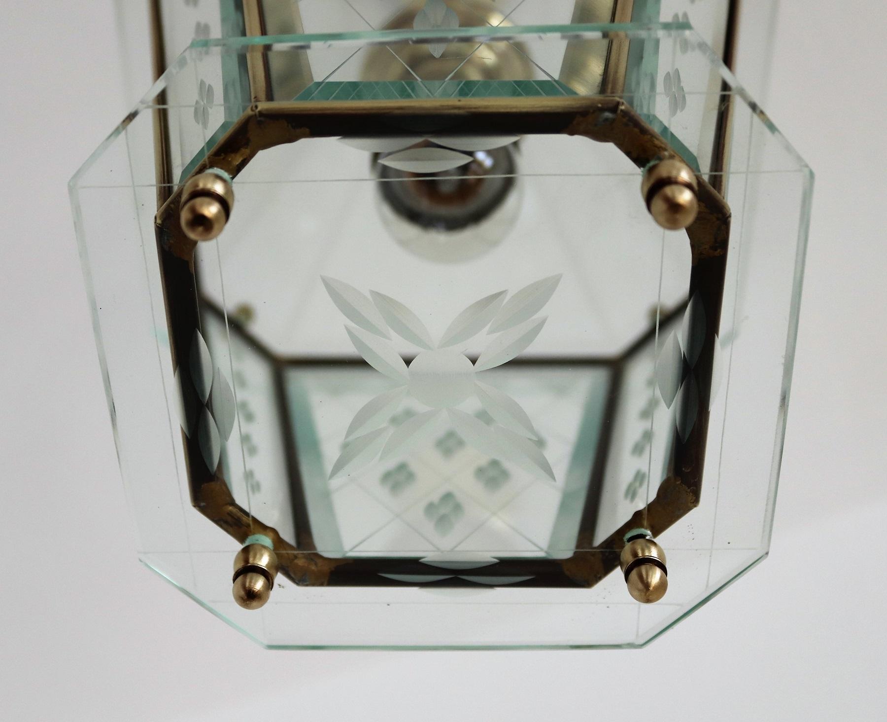 Italian Vintage Lantern in Crystal Cut Glass and Brass, 1950s For Sale 8