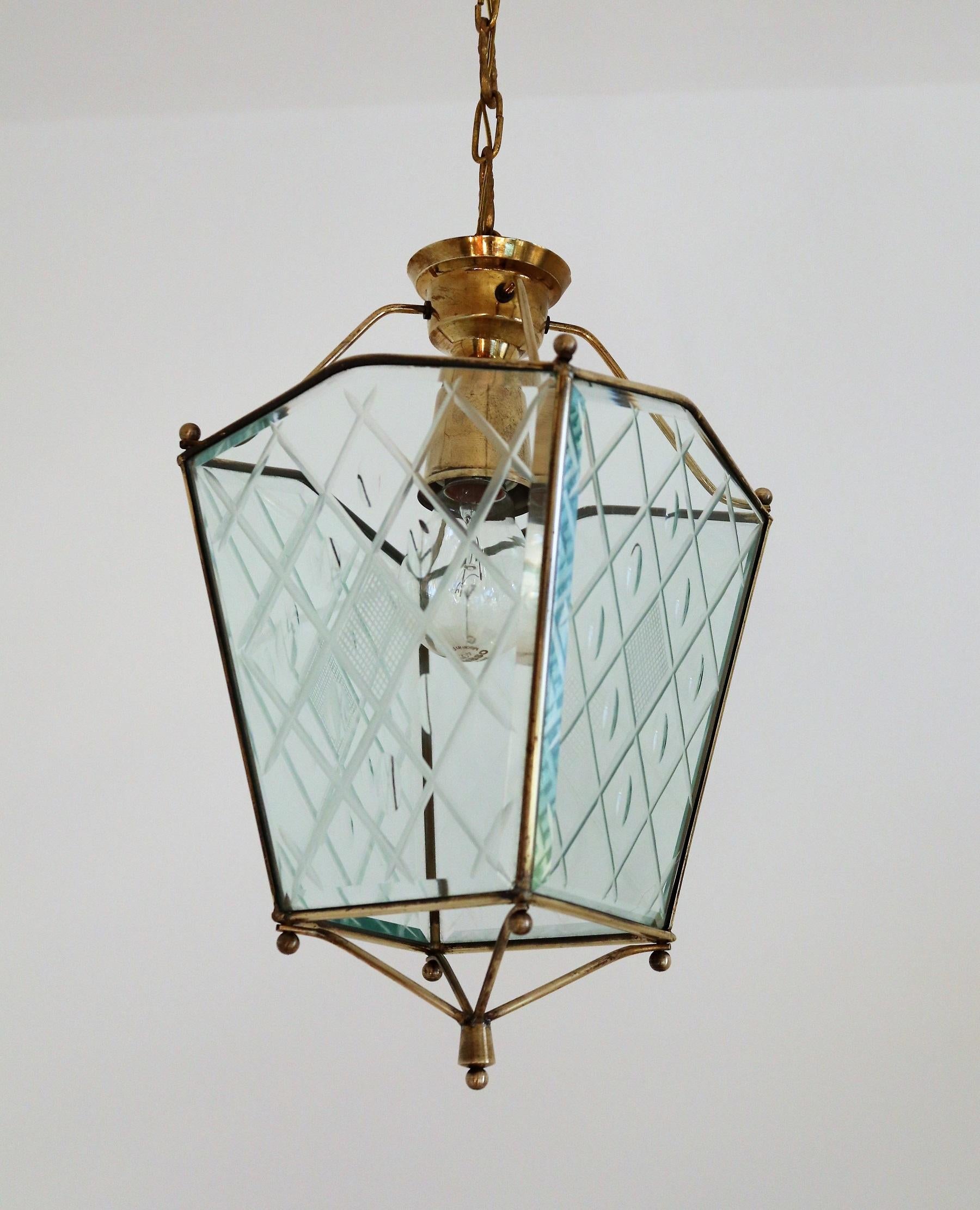 Mid-Century Modern Italian Vintage Lantern in Crystal Cut Glass and Brass, 1950s For Sale