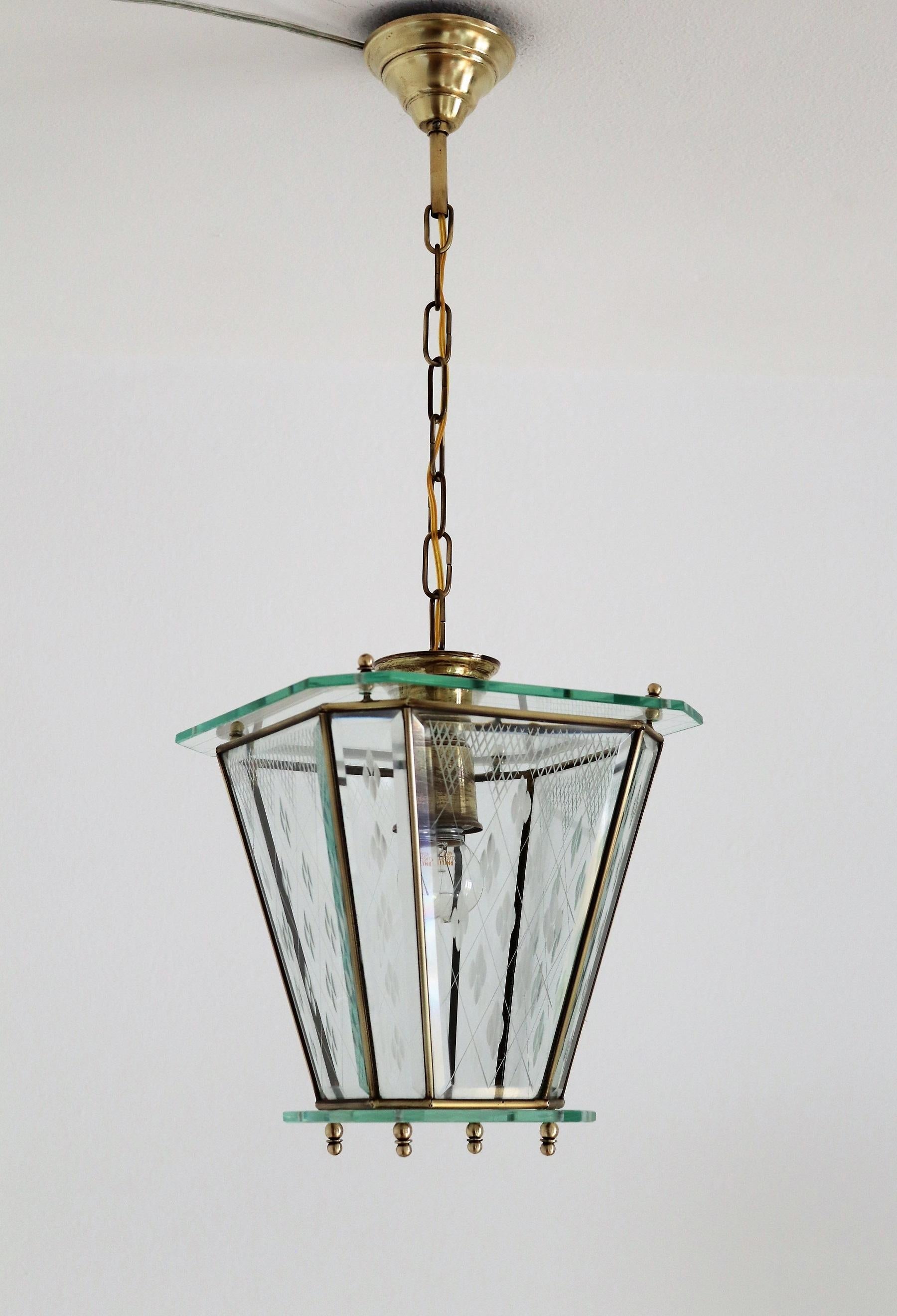 Mid-20th Century Italian Vintage Lantern in Crystal Cut Glass and Brass, 1950s For Sale