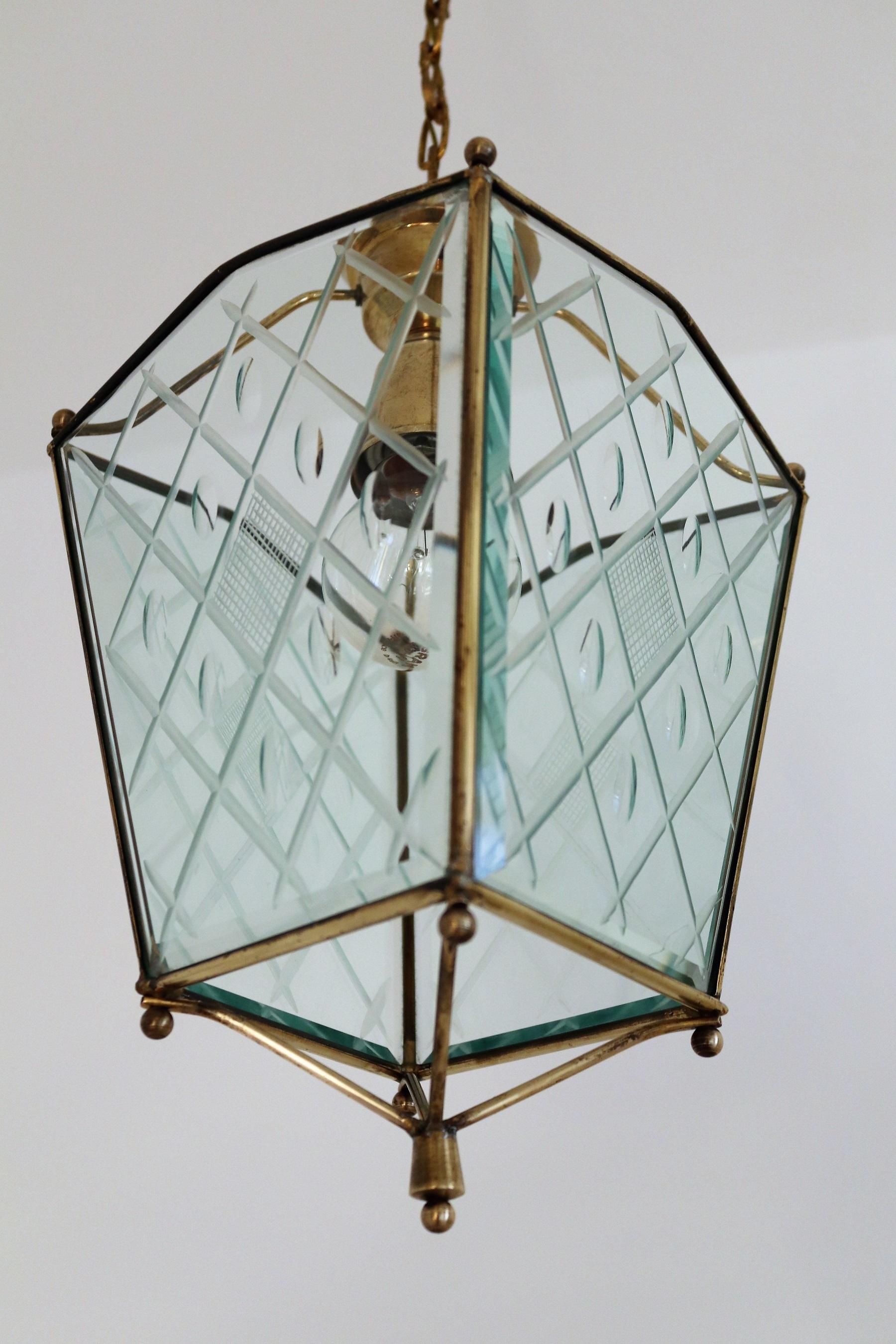 Mid-20th Century Italian Vintage Lantern in Crystal Cut Glass and Brass, 1950s For Sale