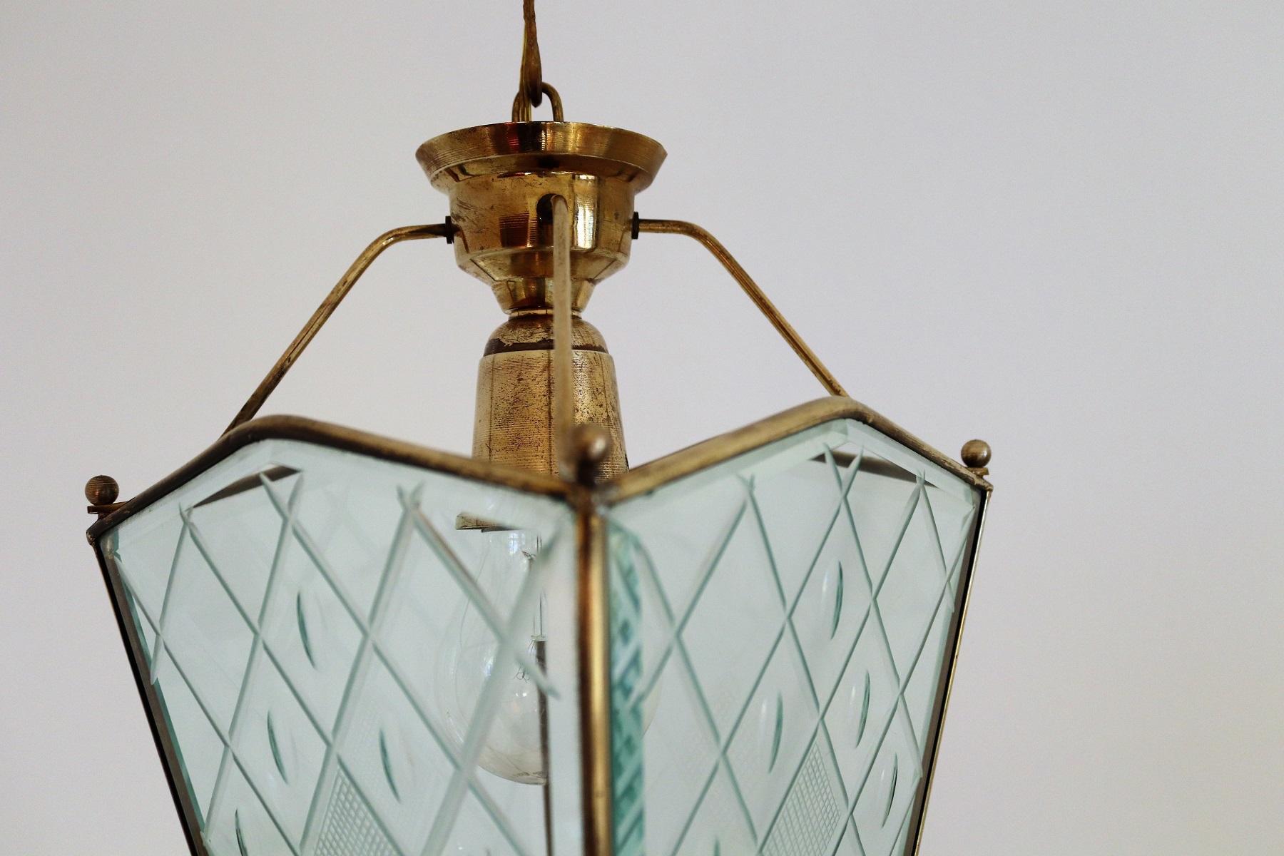 Italian Vintage Lantern in Crystal Cut Glass and Brass, 1950s For Sale 3