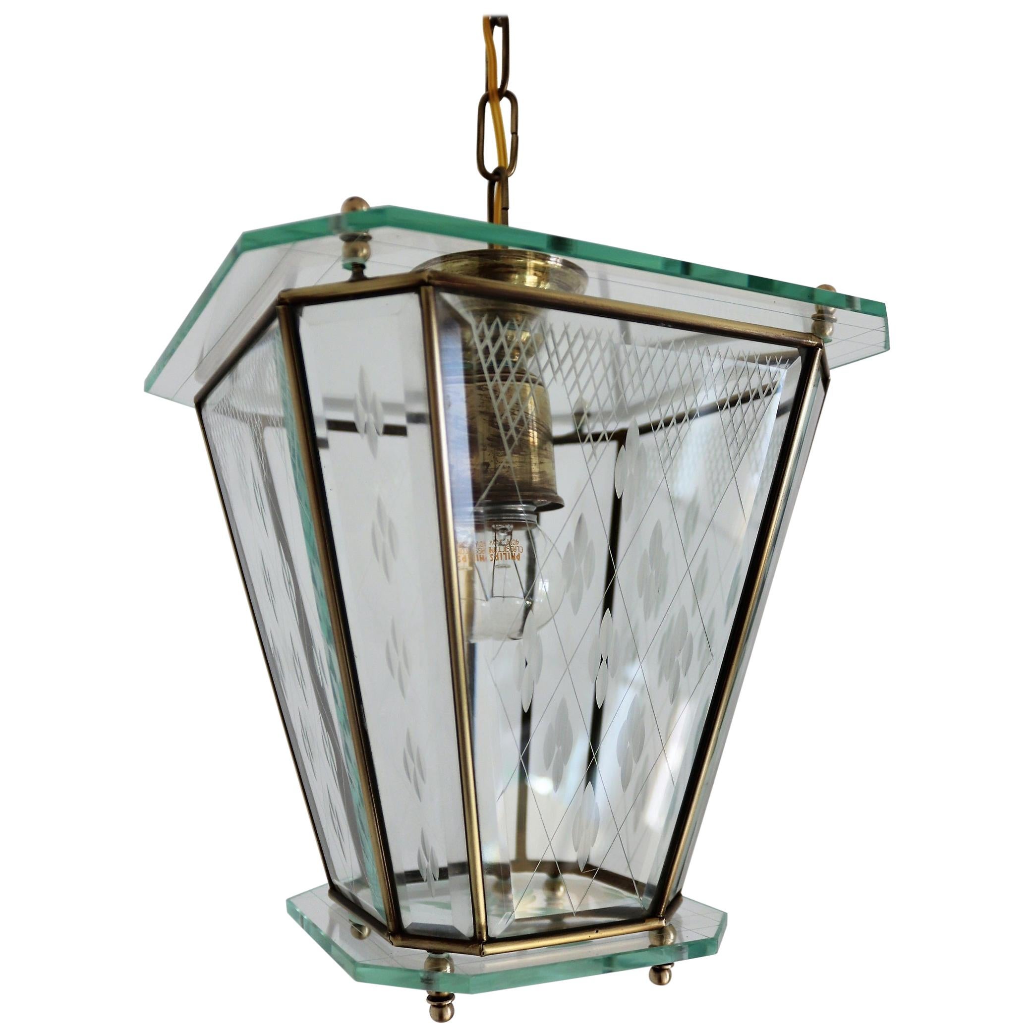 Italian Vintage Lantern in Crystal Cut Glass and Brass, 1950s