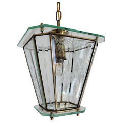 Lanterne italienne vintage en verre taillé en cristal et laiton, années 1950