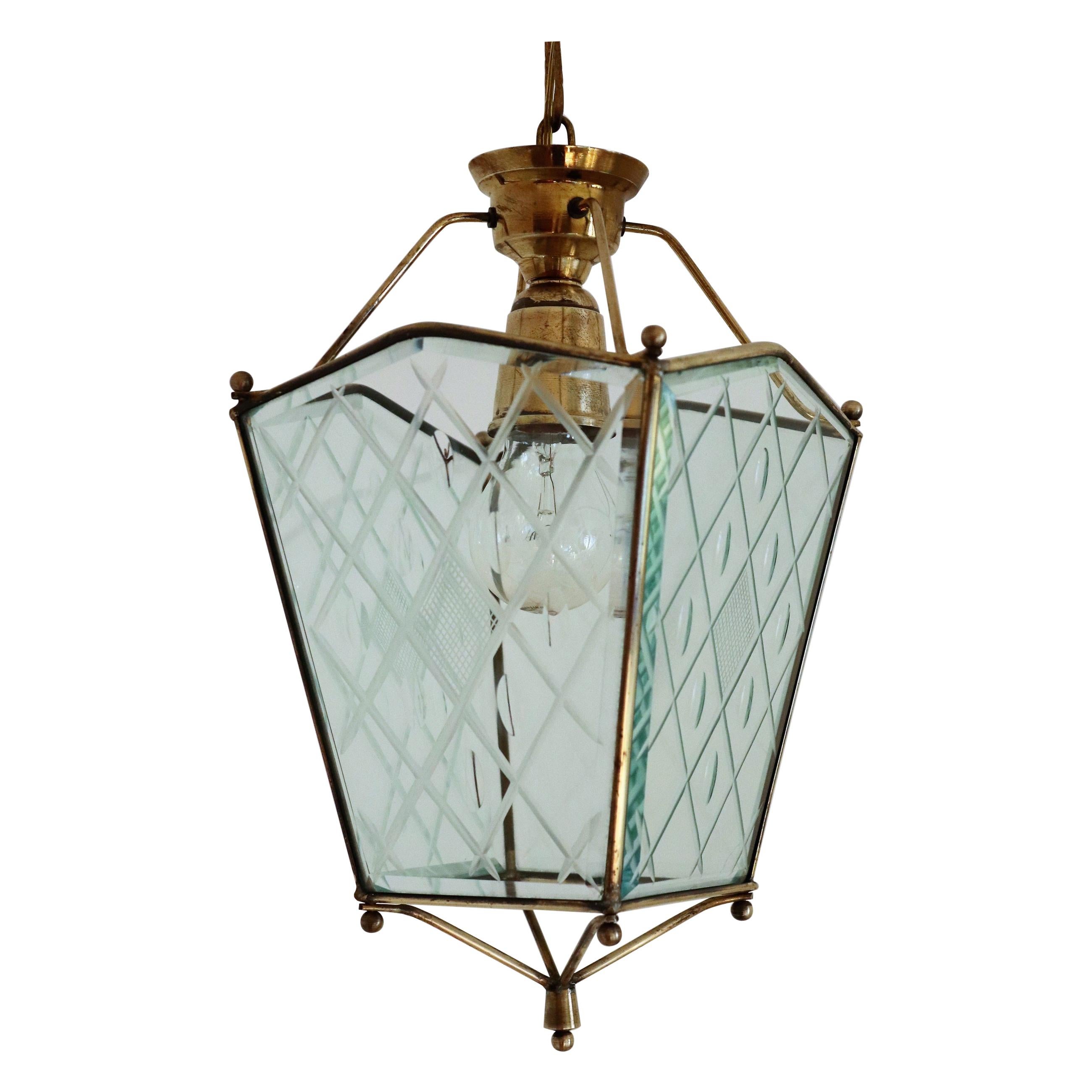 Italian Vintage Lantern in Crystal Cut Glass and Brass, 1950s
