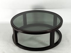 Italian Vintage Large Round coffee table in wood and fume glass. 1970s