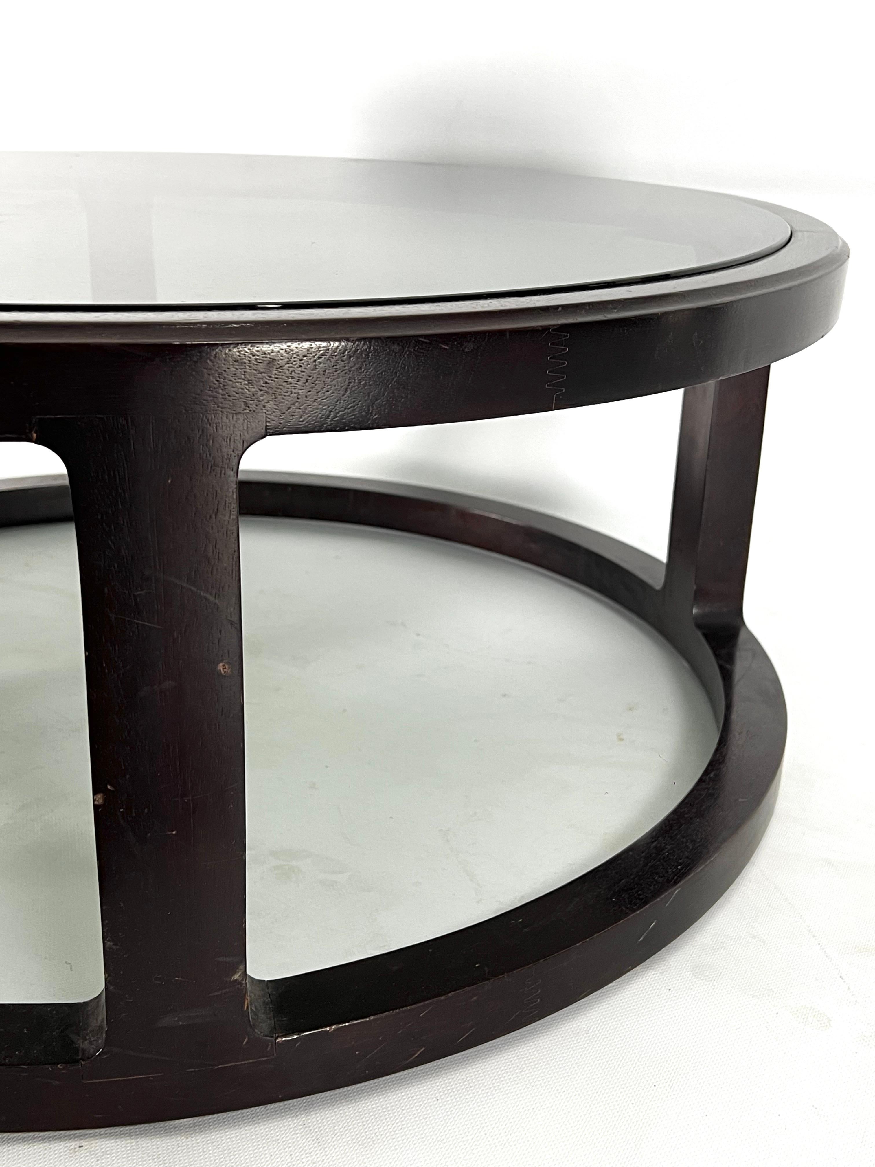 Italian Vintage Large Round coffee table in wood and fume glass. 1970s For Sale 1