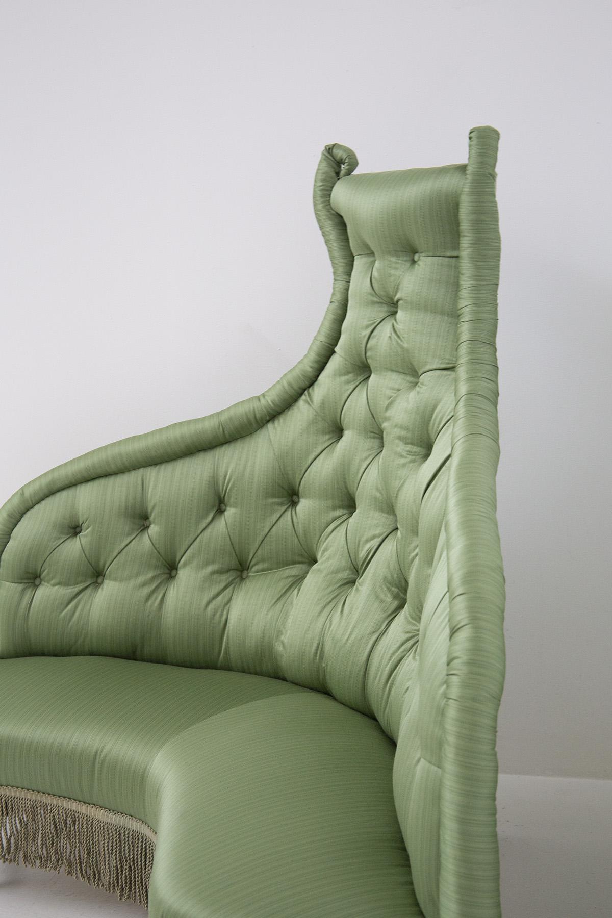 Mid-Century Modern Italian Vintage Luxury Sofa in Wood and Green Silk Satin For Sale