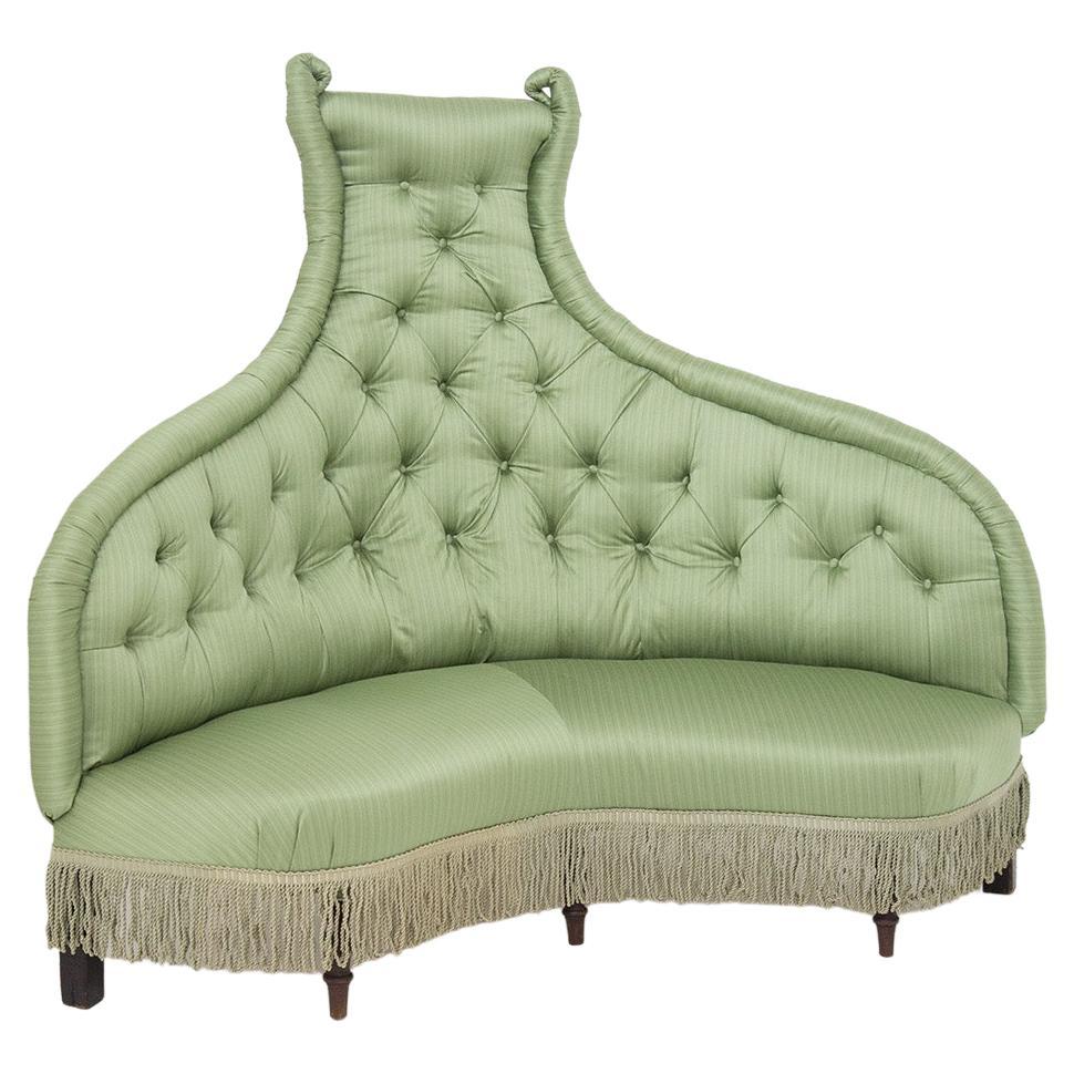 Italian Vintage Luxury Sofa in Wood and Green Silk Satin