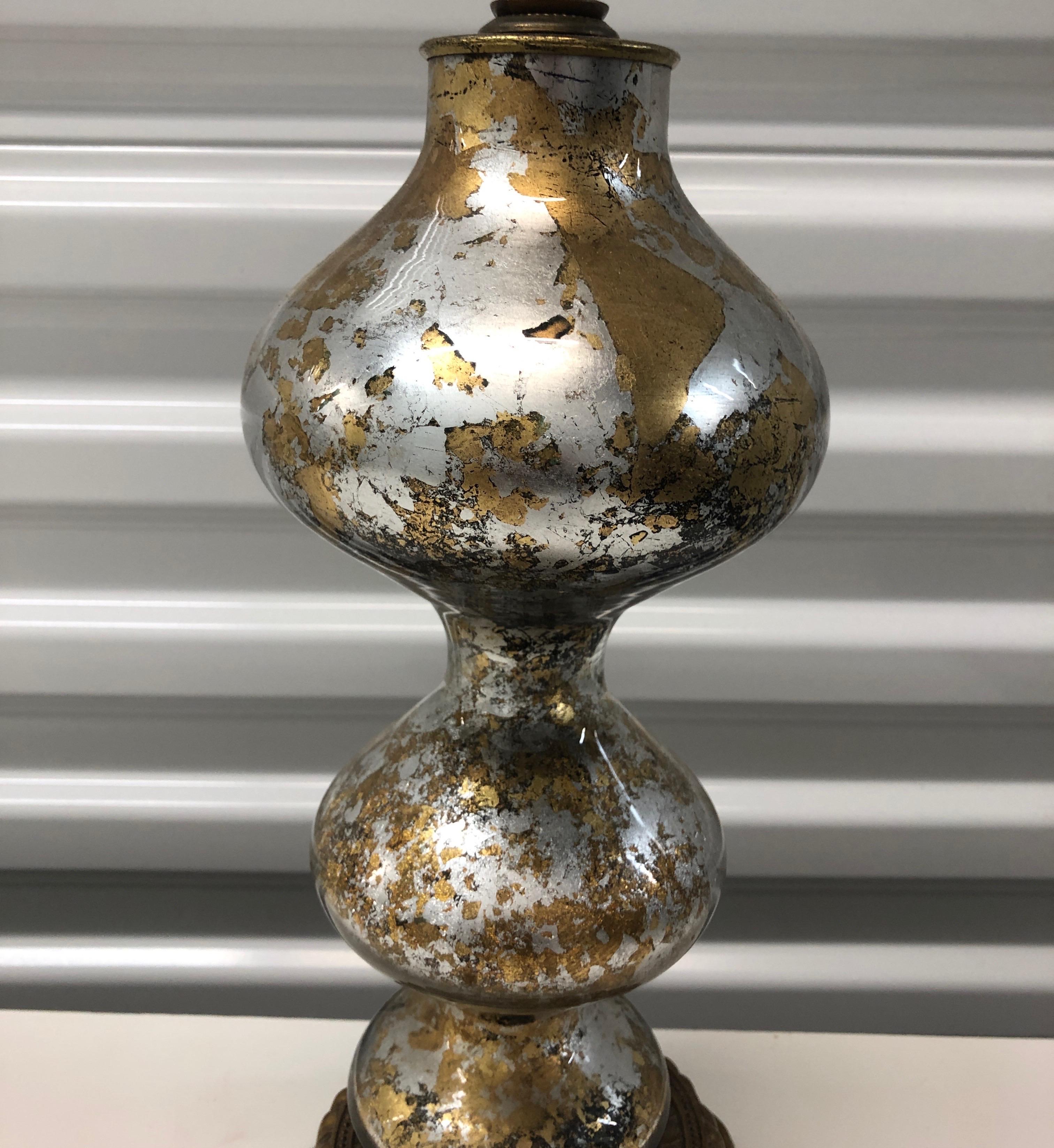 Hollywood Regency Italian Vintage Mercury Glass Table Lamp with Gold Leaf Brass Base