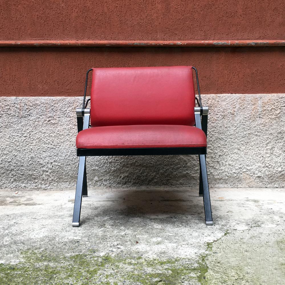 Late 20th Century Italian Vintage Metal and Red Leather Armchair by Formanova, 1970s