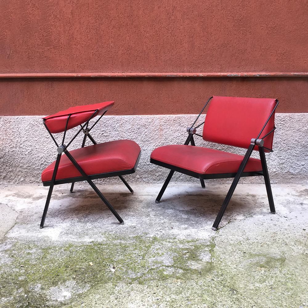 Italian Vintage Metal and Red Leather Armchair by Formanova, 1970s 1