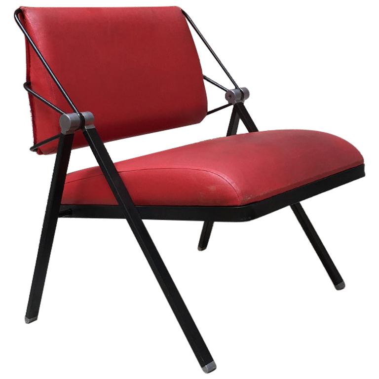 Italian Vintage Metal And Red Leather, Vintage Metal And Leather Chairs