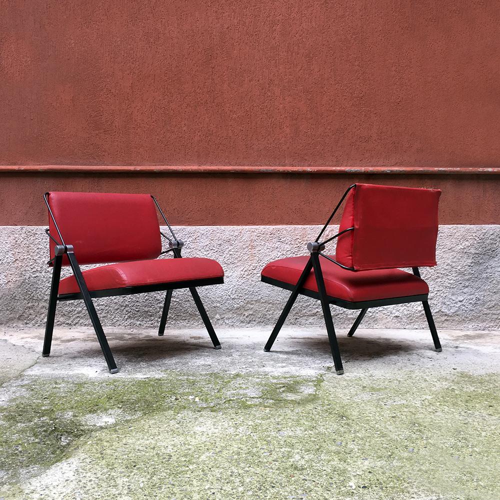 Modern Italian Vintage Metal and Red Leather Armchairs by Formanova, 1970s For Sale
