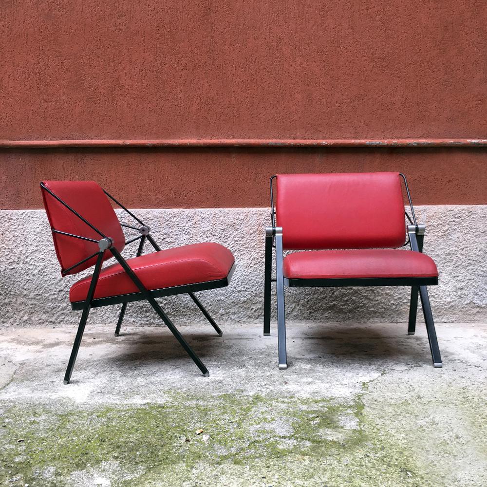 Italian Vintage Metal and Red Leather Armchairs by Formanova, 1970s In Good Condition For Sale In MIlano, IT