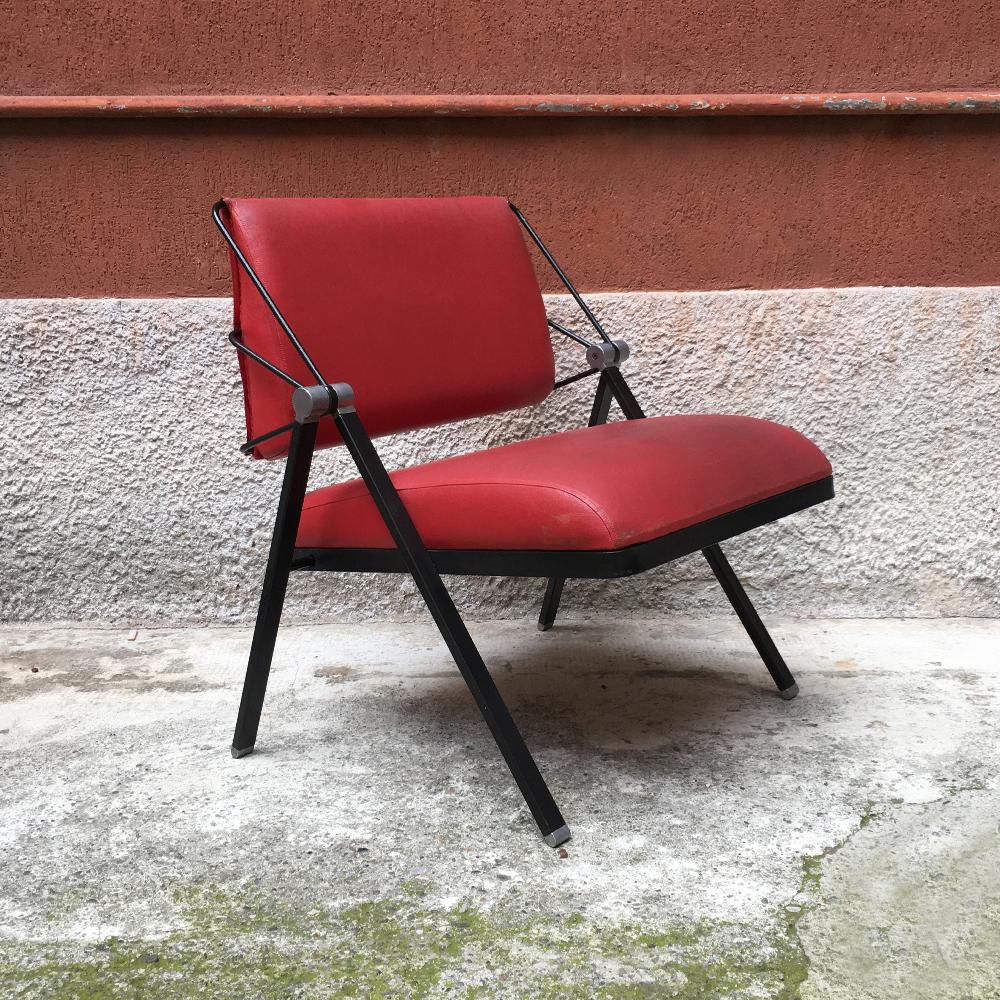 Italian Vintage Metal and Red Leather Armchairs by Formanova, 1970s For Sale 1