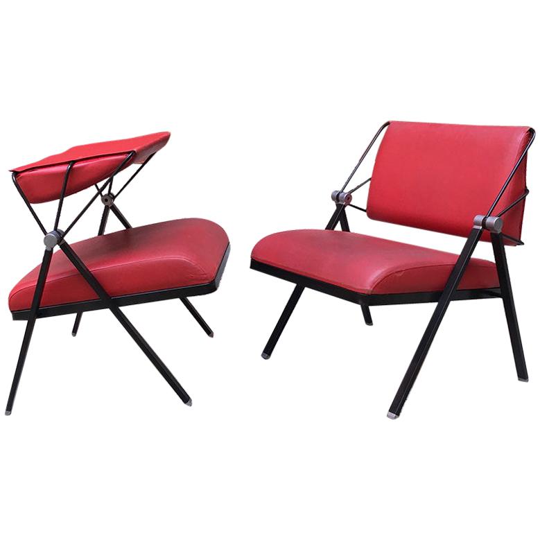 Italian Vintage Metal and Red Leather Armchairs by Formanova, 1970s