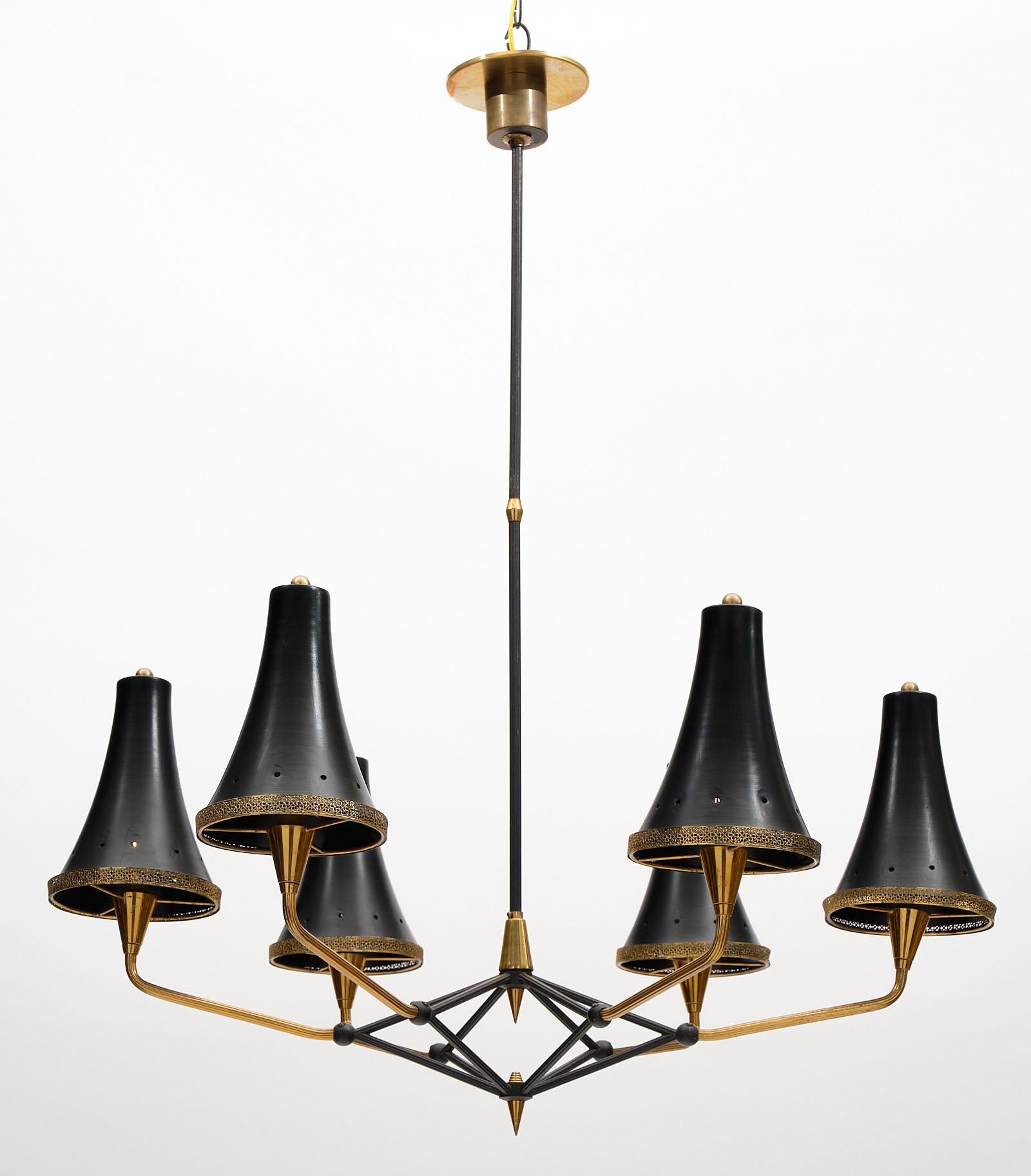 Italian vintage mid-century chandelier with lacquered steel structure and brass elements. The shades are black lacquered “tole” cones for added architectural interest. This piece has been newly wired for US standards.