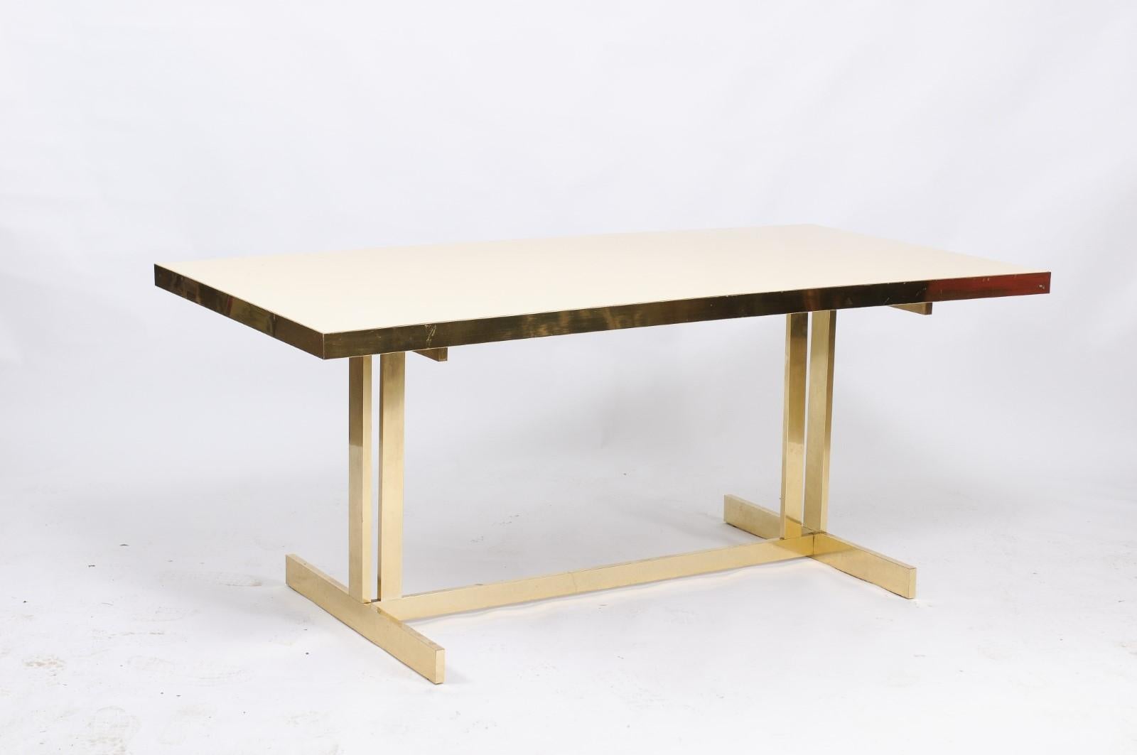 Italian Vintage Mid-Century Modern Formica Dining Table with Brass Trestle Base 3