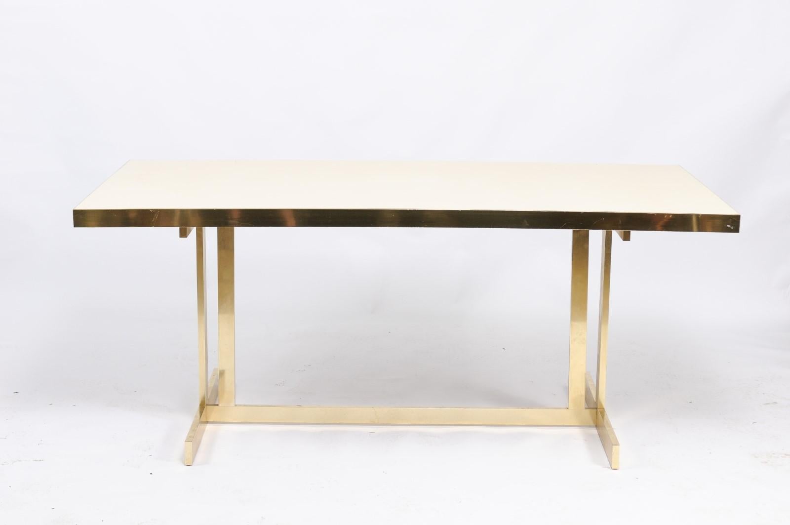Italian Vintage Mid-Century Modern Formica Dining Table with Brass Trestle Base 4