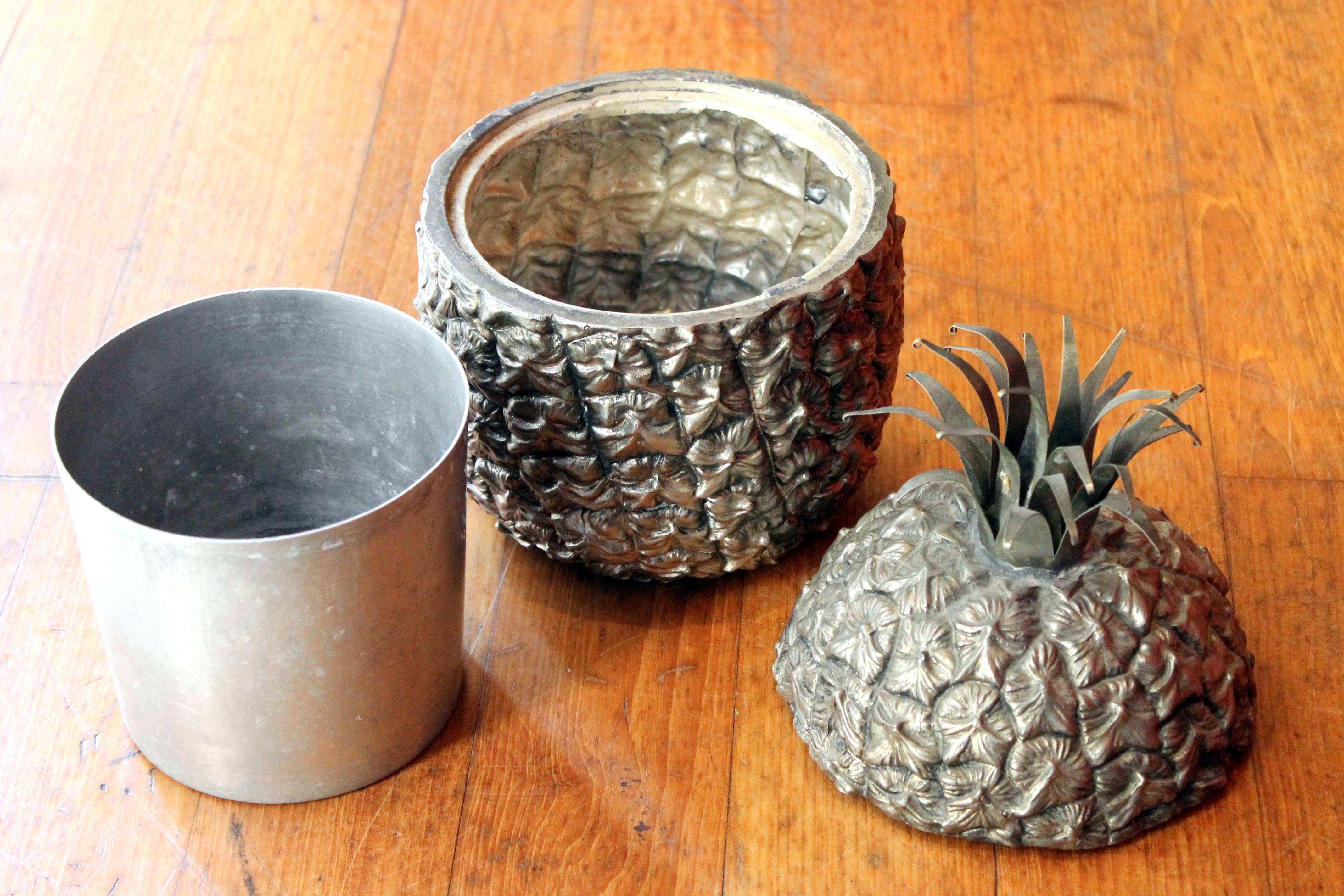 Italian Vintage Mid-Century Modern Silvered Pineapple Ice Bucket and Sugar Bowl For Sale 7