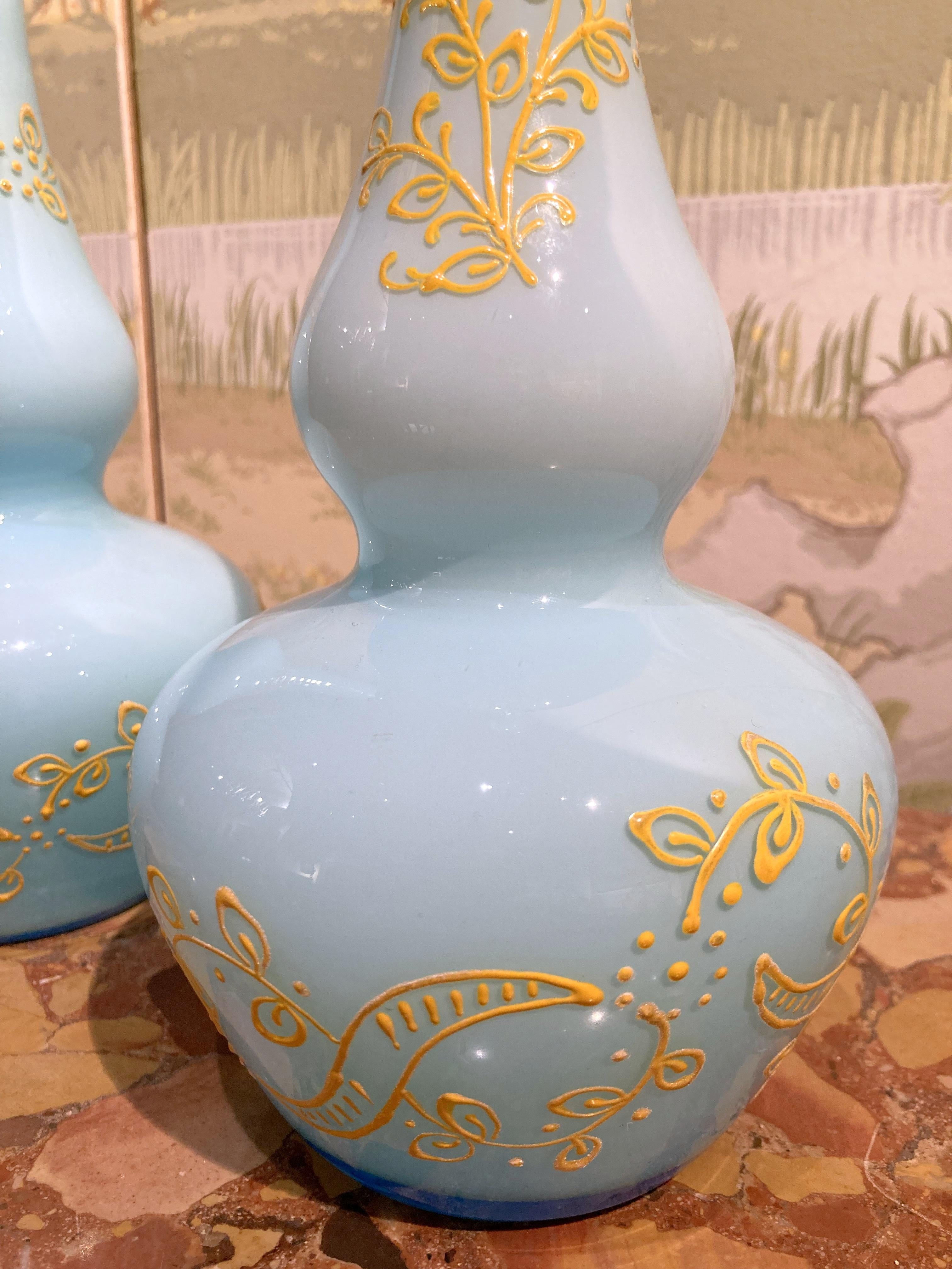 Hand-Painted Italian Vintage Mid-Century Turquoise Opaline Murano Glass Soliflower Vases For Sale