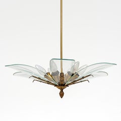 Italian Vintage Mid-Centuty Six Arm Floral Brass Glass Chandelier, Italy 1940s
