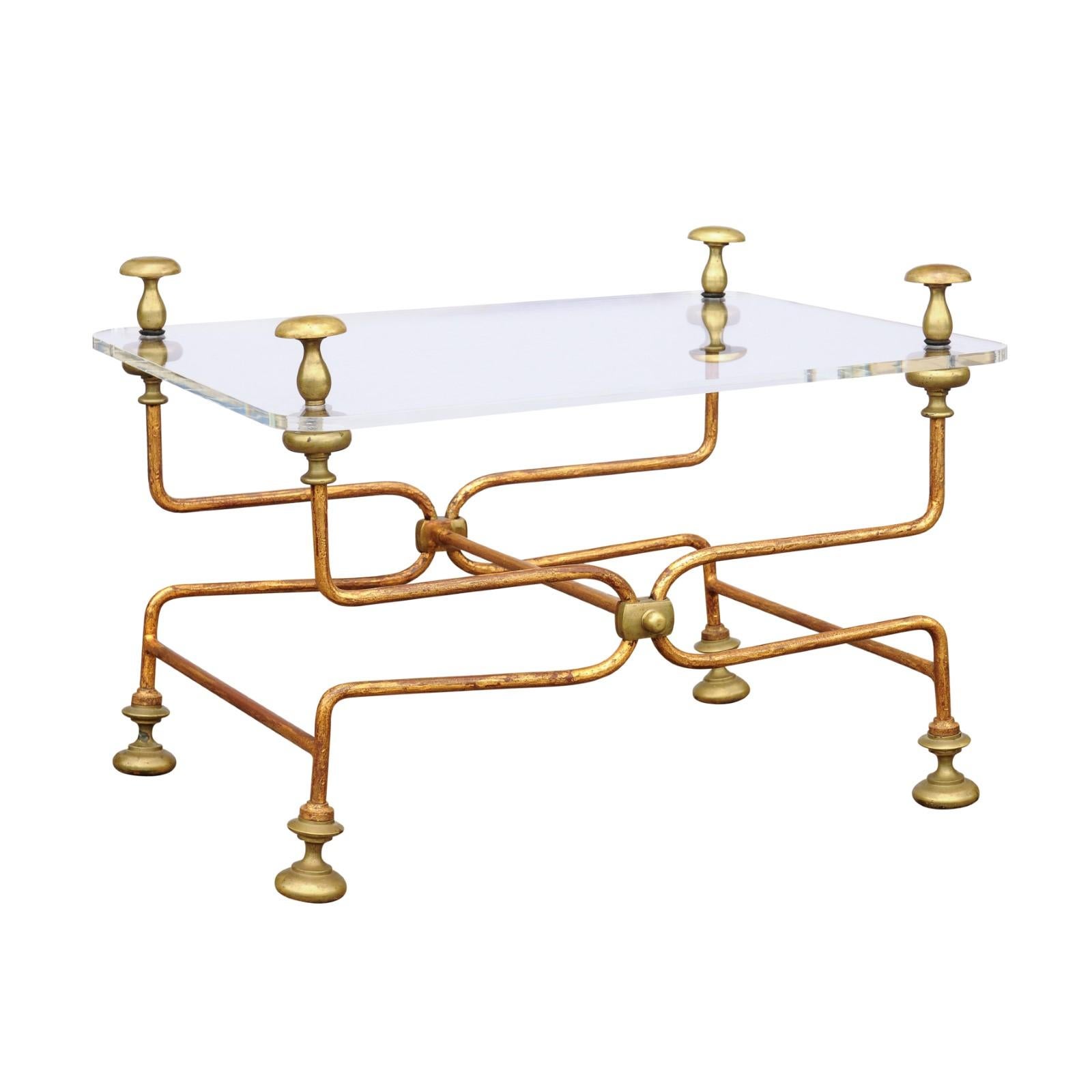 Italian Vintage Midcentury Brass Cocktail Table with Lucite Top and Looping Base