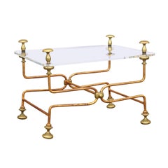Italian Vintage Midcentury Brass Cocktail Table with Lucite Top and Looping Base