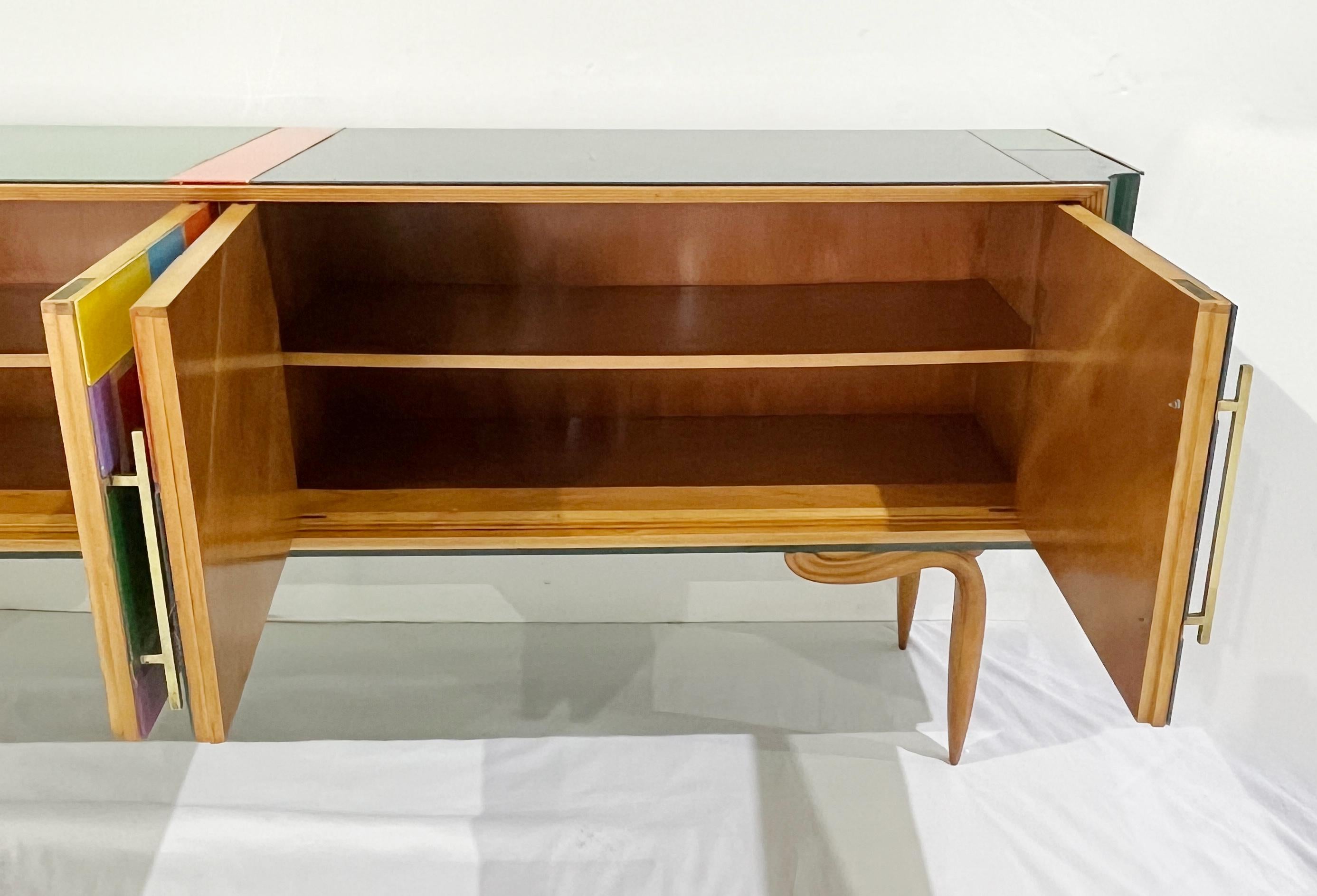 Aparador de 4 puertas de cristal verde naranja amarillo azul de estilo Mondrian vintage italiano siglo XX