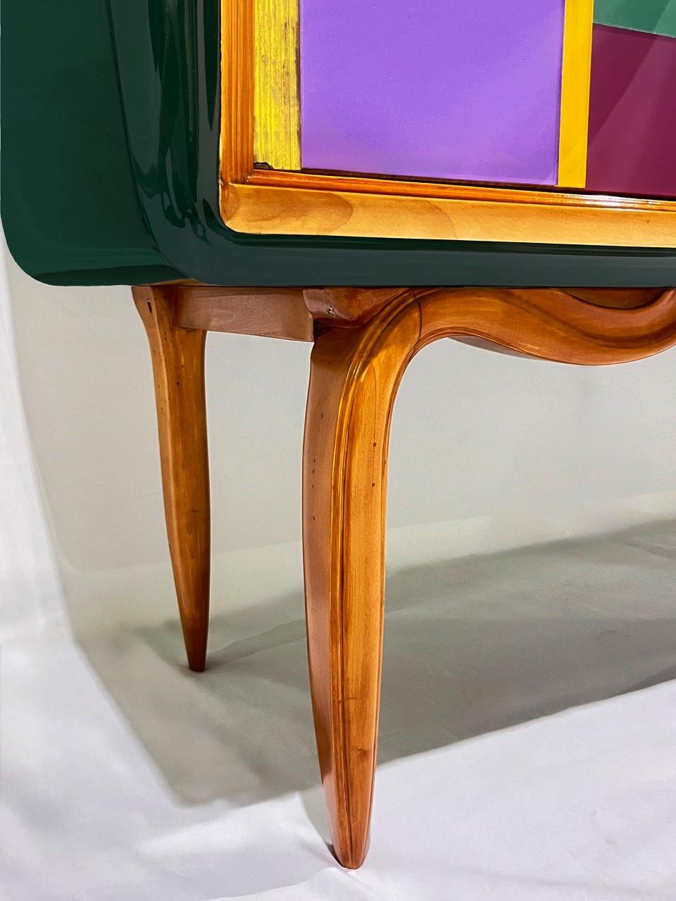 Aparador de 4 puertas de cristal verde naranja amarillo azul de estilo Mondrian vintage italiano Moderno de mediados de siglo