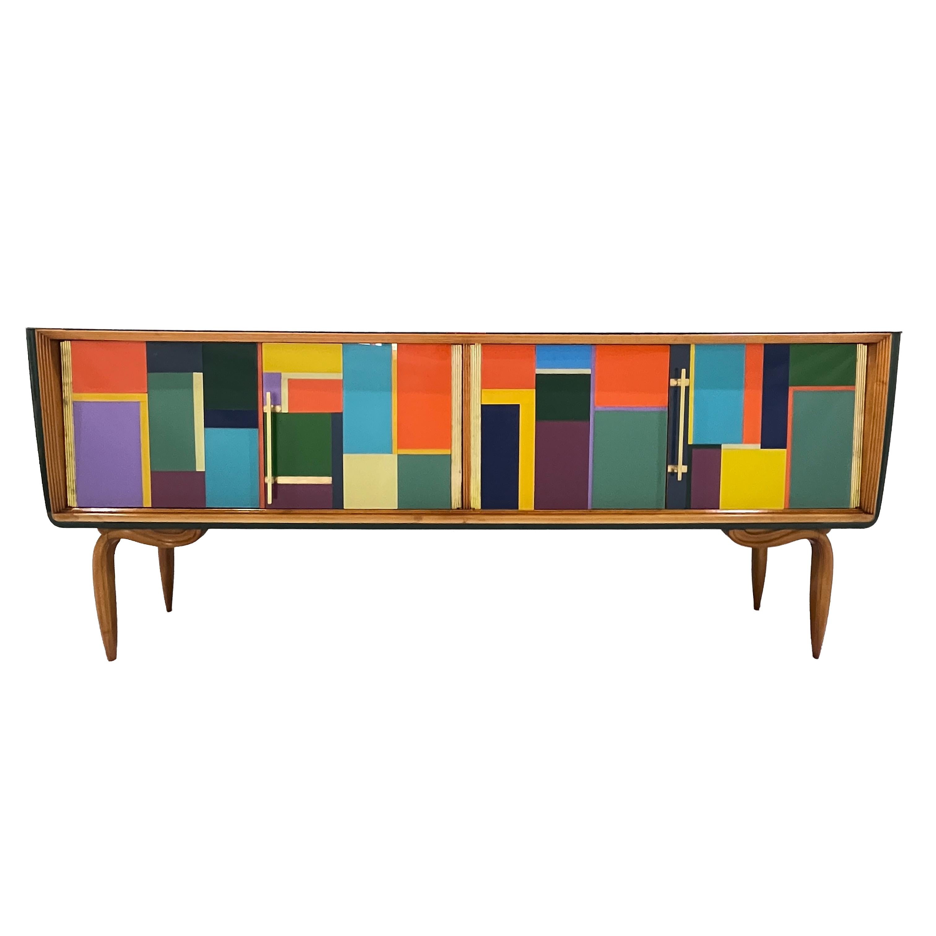 Aparador de 4 puertas de cristal verde naranja amarillo azul de estilo Mondrian vintage italiano 1