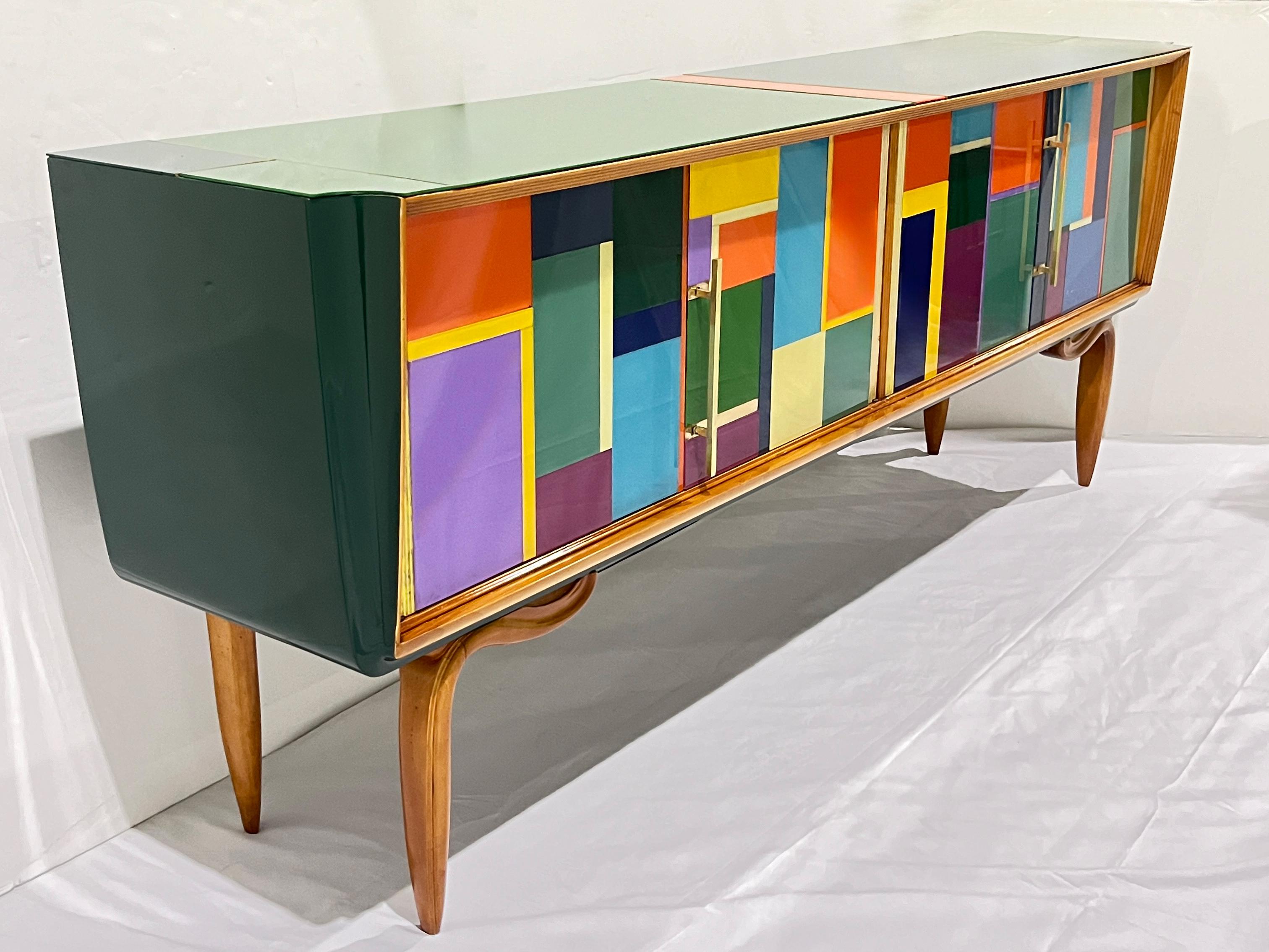 Aparador de 4 puertas de cristal verde naranja amarillo azul de estilo Mondrian vintage italiano Latón