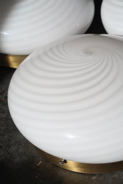 Italian Vintage Murano 1970s Flush Mount Wall Ceiling Lamp in White Swirl Glass