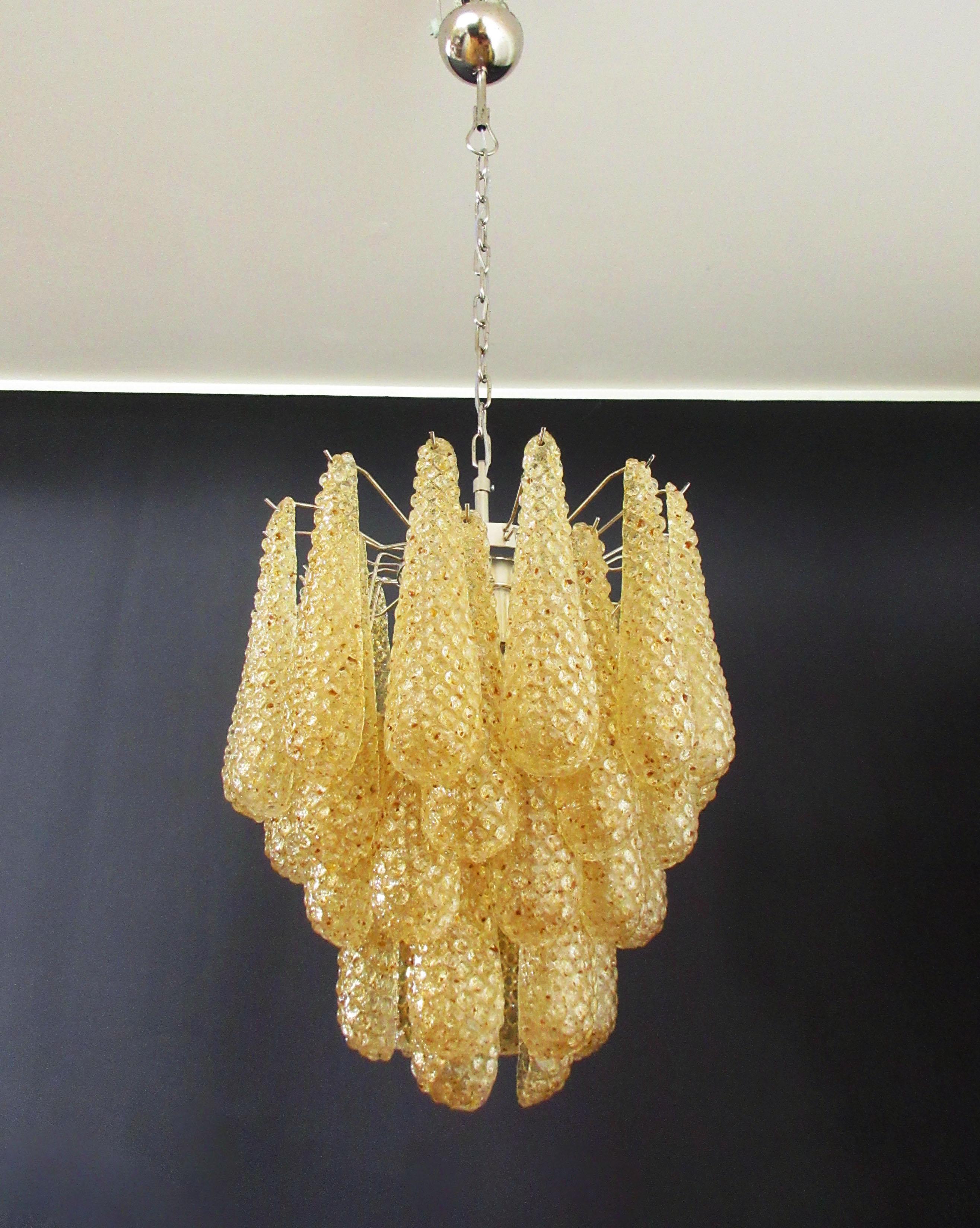 Galvanized Italian Vintage Murano Chandelier 41 Amber Glass Petals Drop For Sale