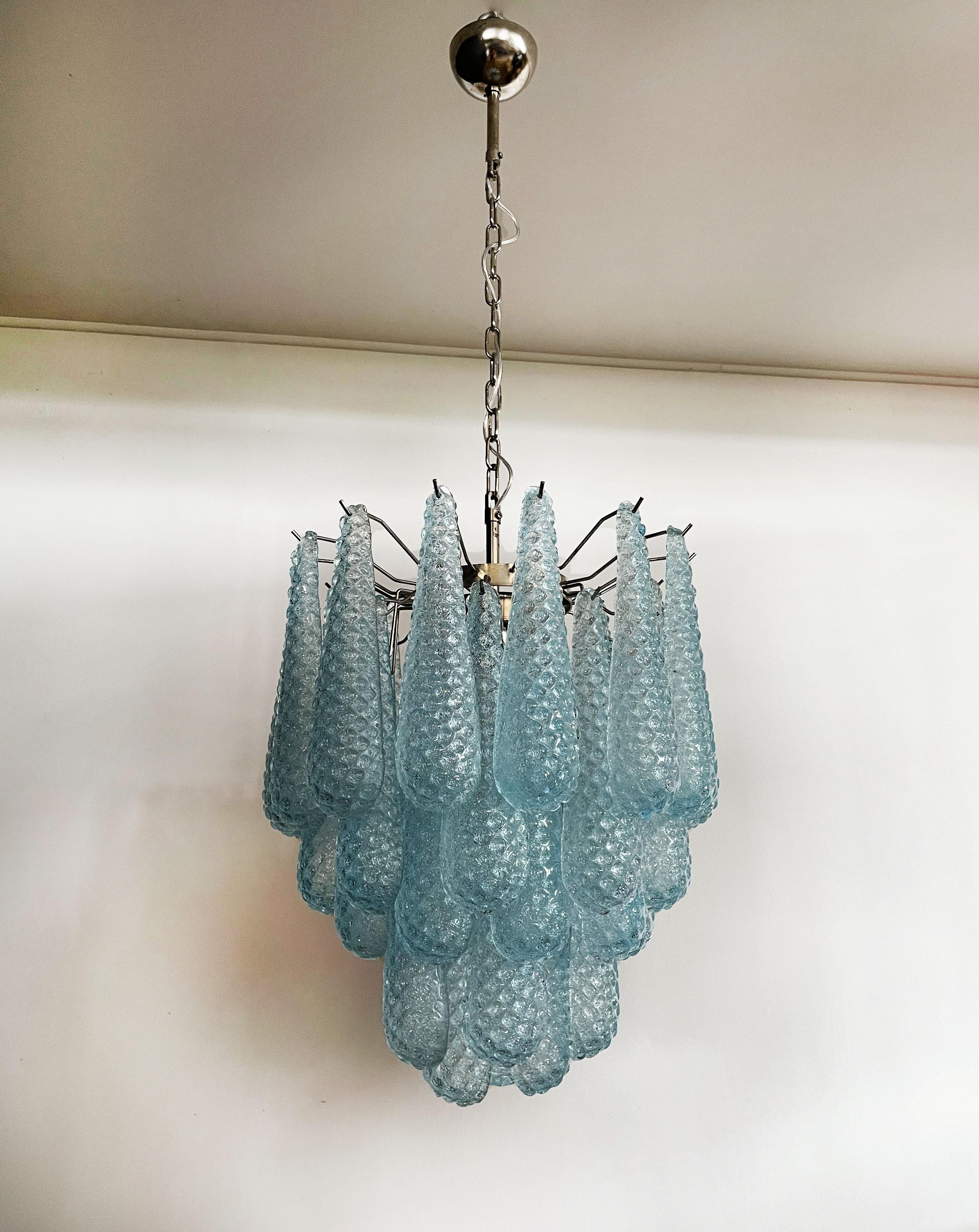 Italian Vintage Murano Chandelier 41 Blue Glass Petals Drop 3