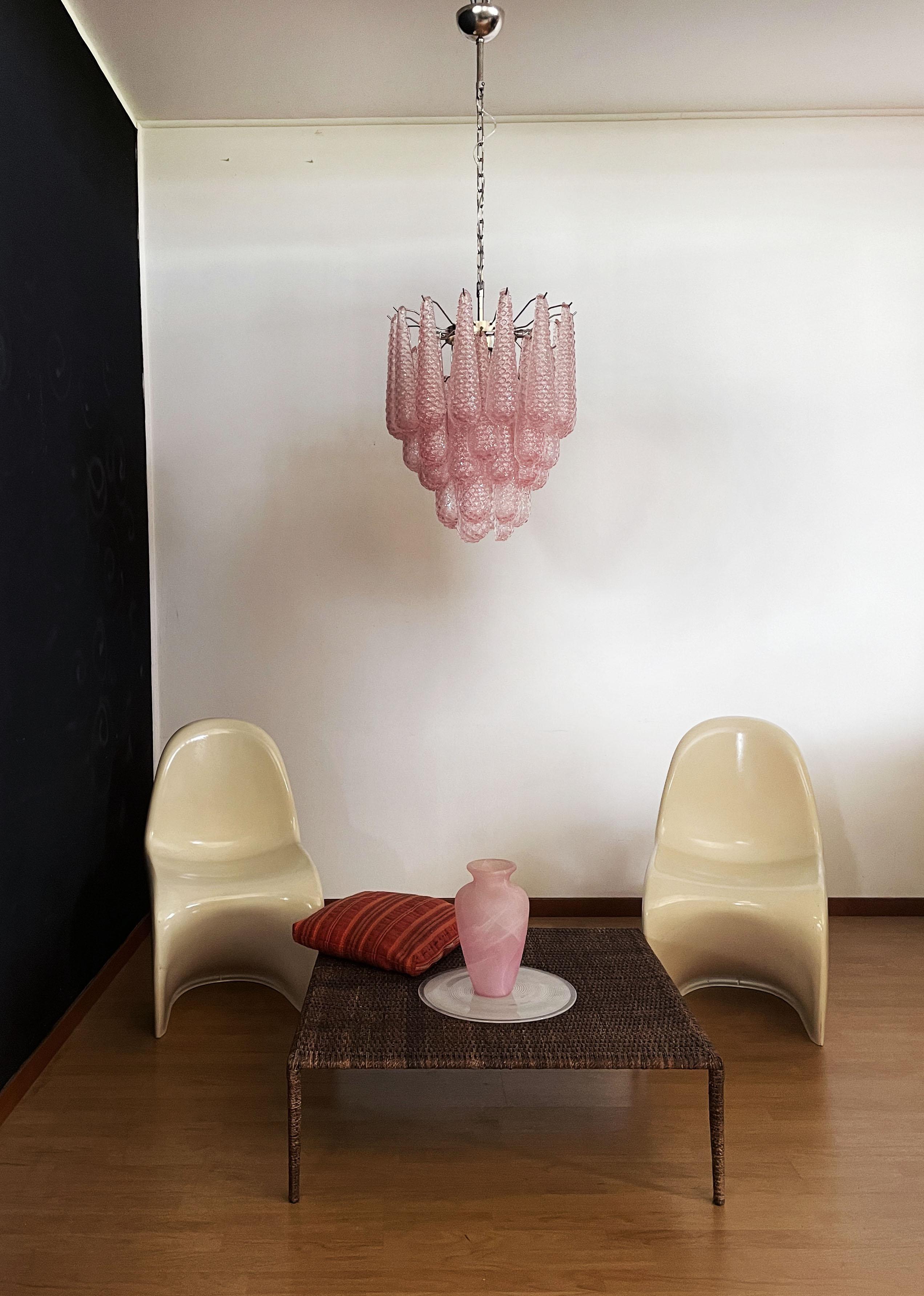 Galvanized Italian Vintage Murano Chandelier 41 Pink Glass Petals Drop For Sale