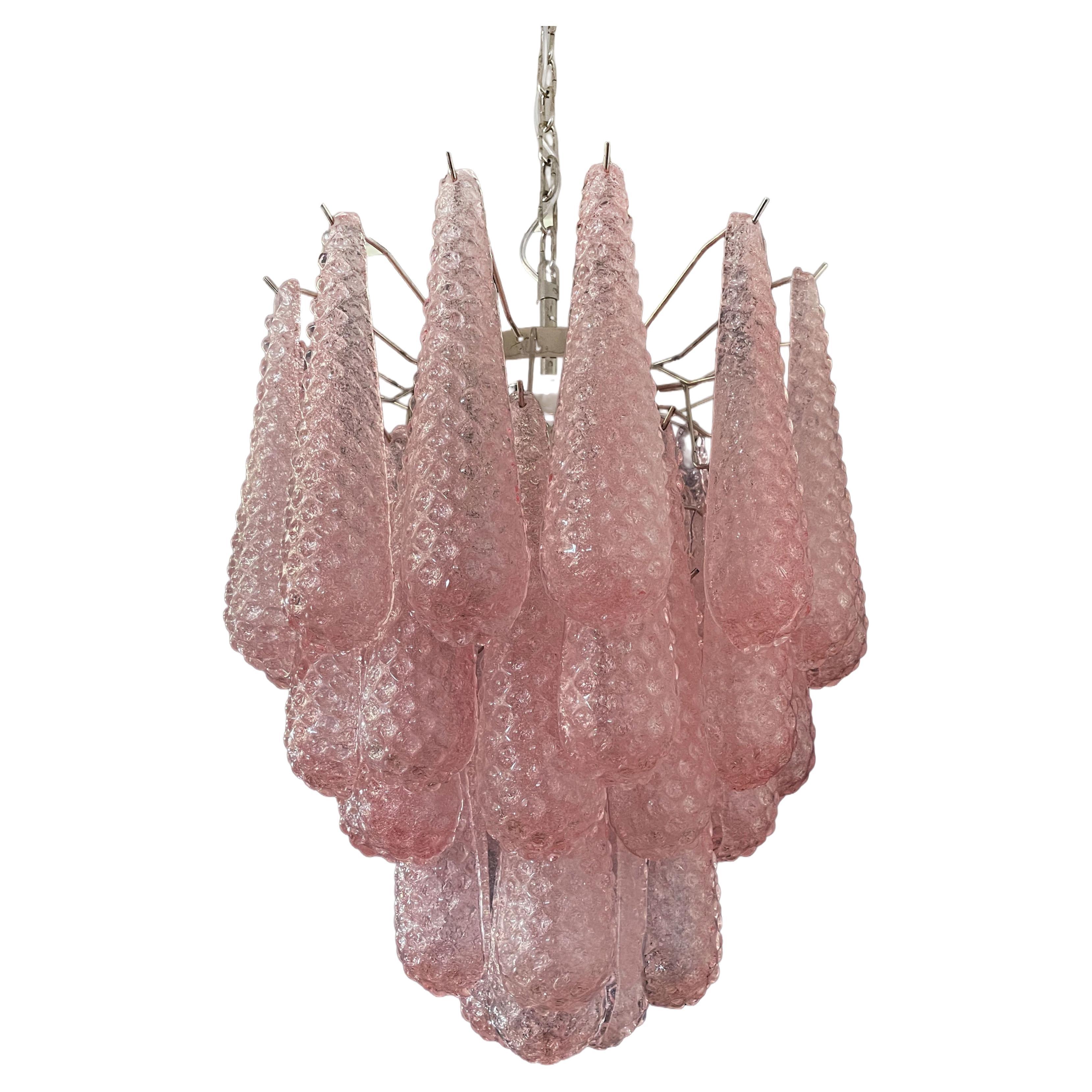 Italian Vintage Murano Chandelier 41 Pink Glass Petals Drop For Sale