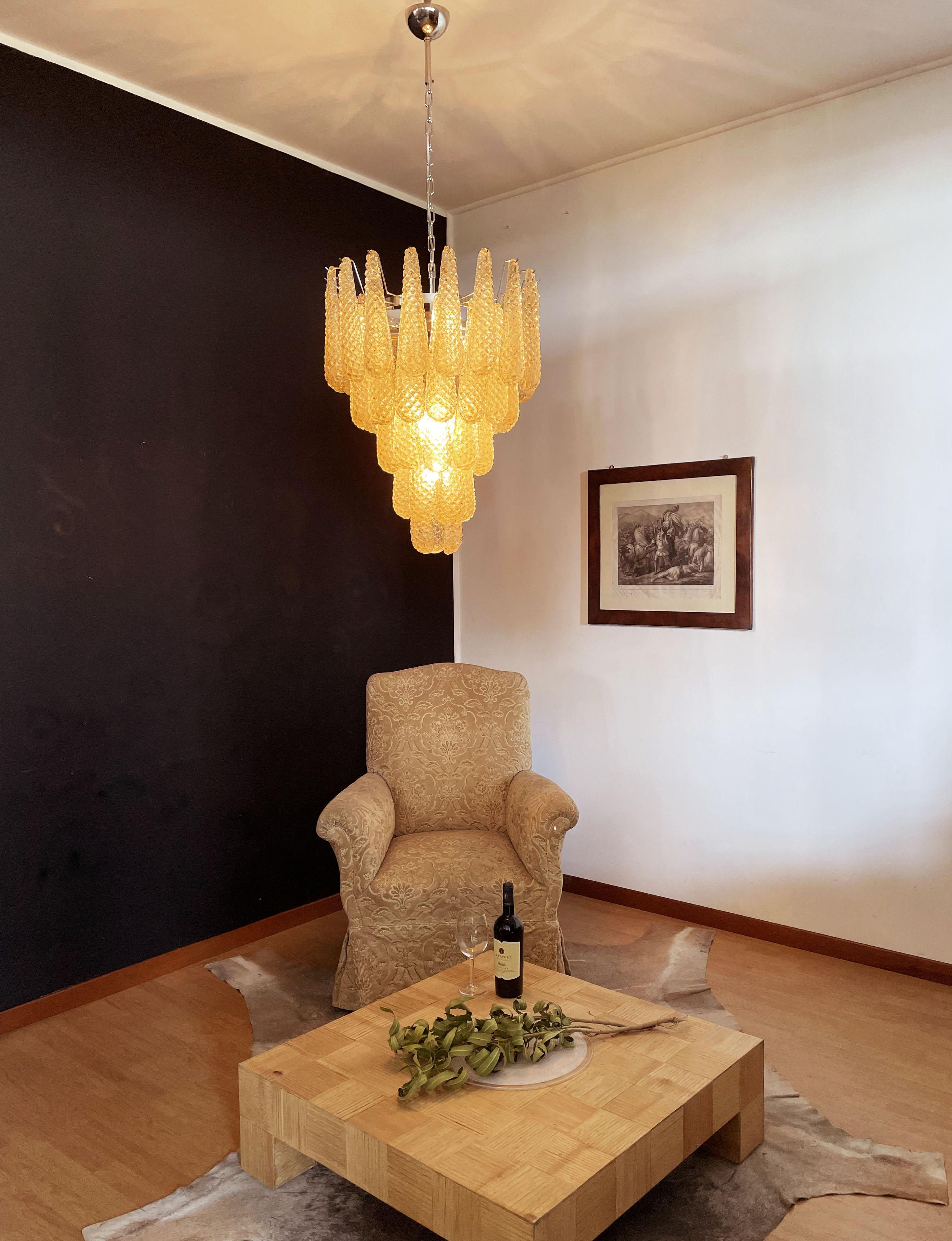 Galvanized Italian Vintage Murano Chandelier, 52 Amber Glass Petals Drop