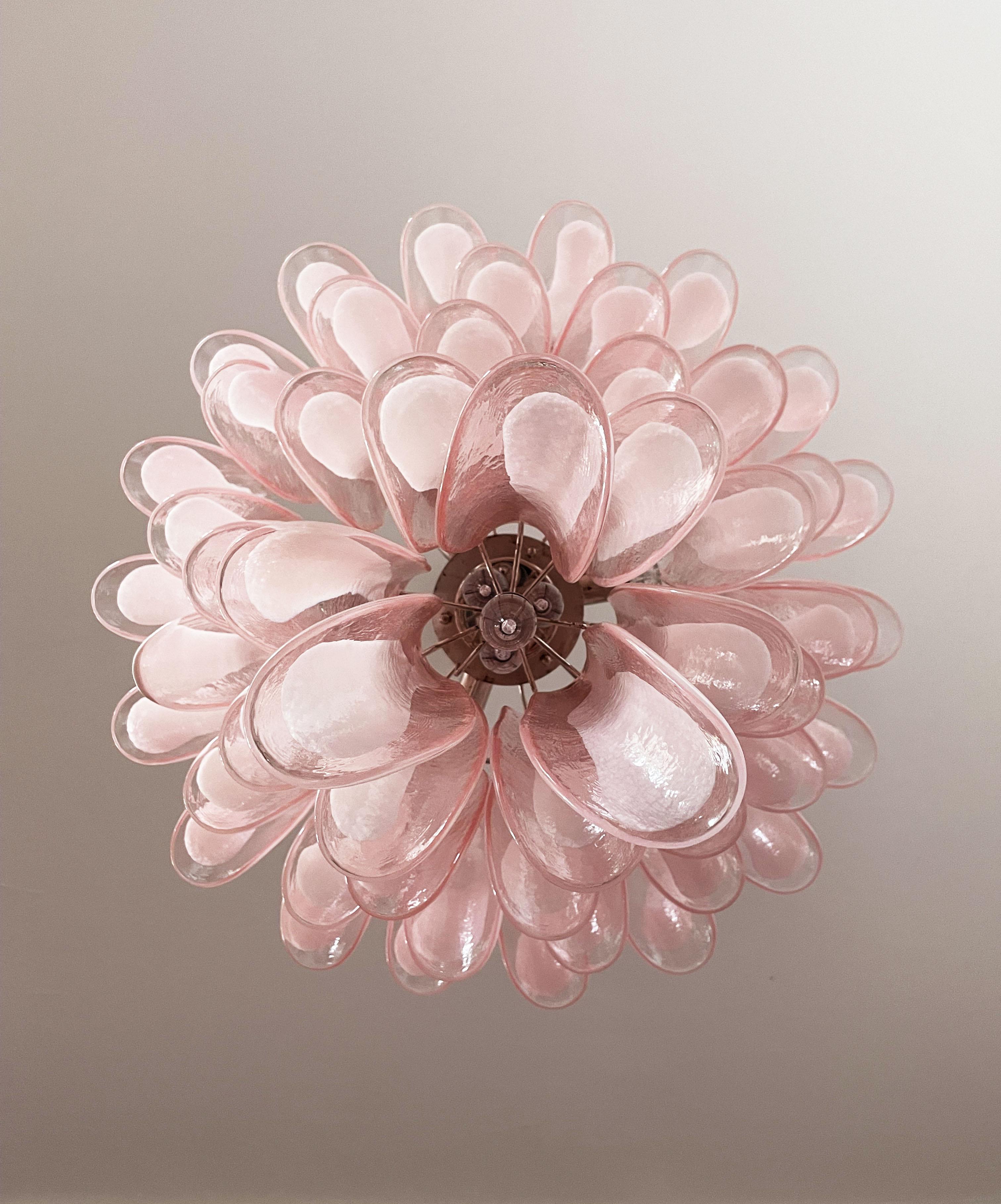 Italian Vintage Murano Chandelier, 52 Pink Glass Petals For Sale 2