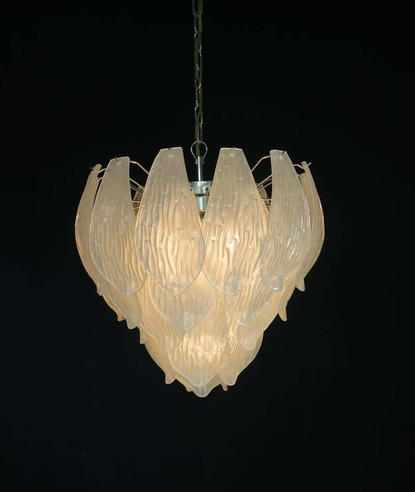 Italian Vintage Murano Chandelier, Frosted Carved Glass Leaves 1