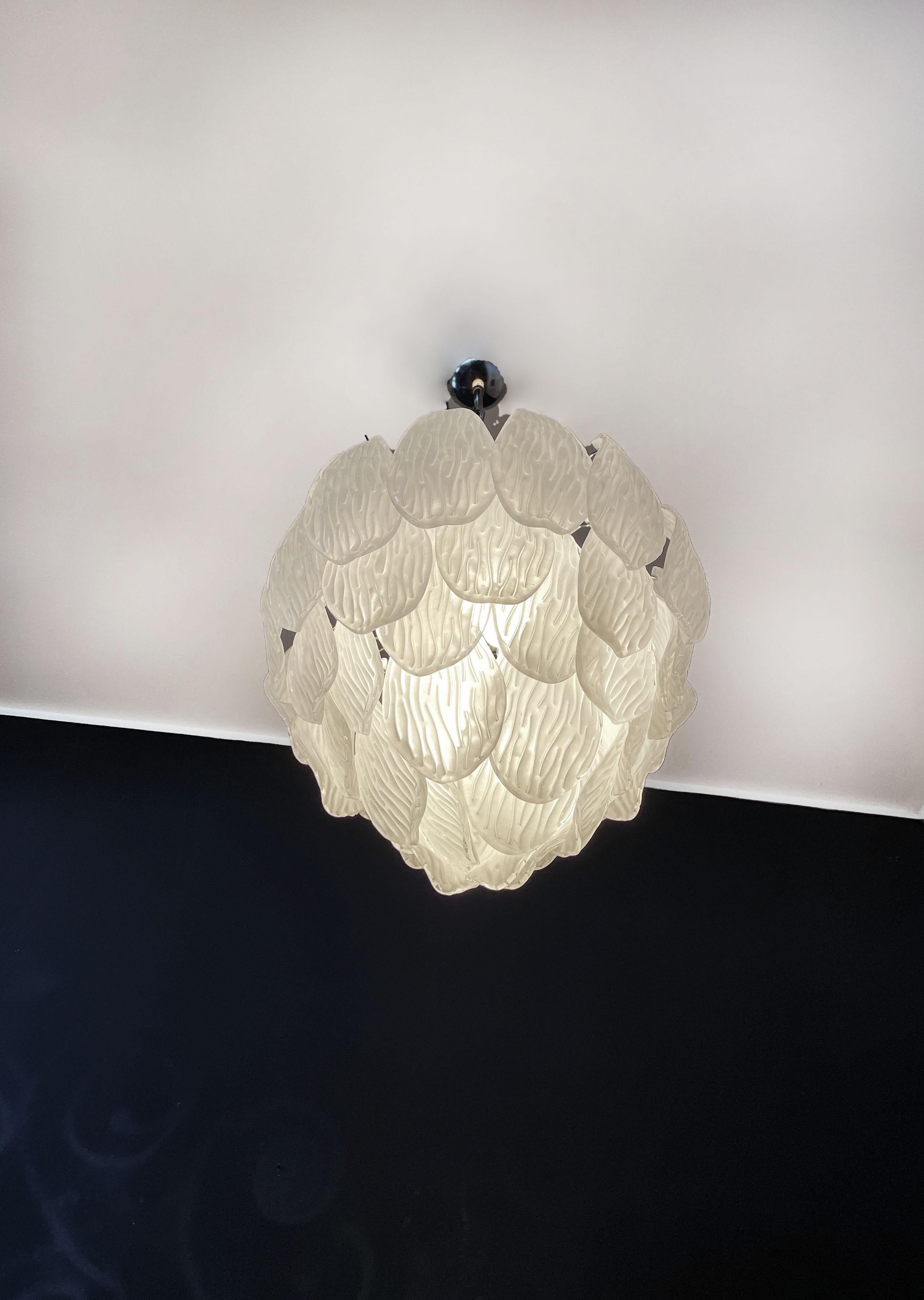Mid-Century Modern Italian vintage Murano chandelier - frosted carved glass leaves For Sale
