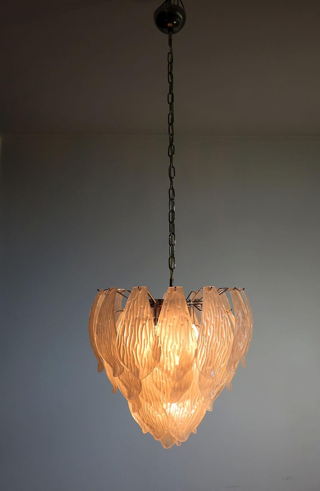 Late 20th Century Italian Vintage Murano Chandelier, Frosted Carved Glass Leaves