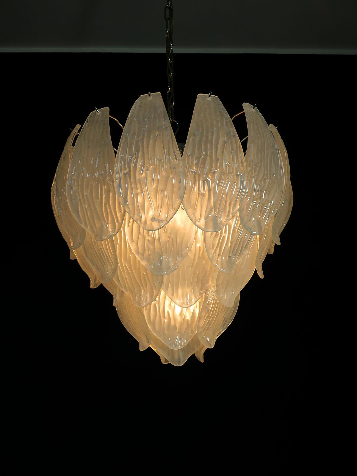 Blown Glass Italian Vintage Murano Chandelier, Frosted Carved Glass Leaves