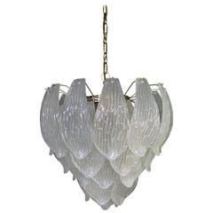 Italian Vintage Murano Chandelier, Frosted Carved Glass Leaves