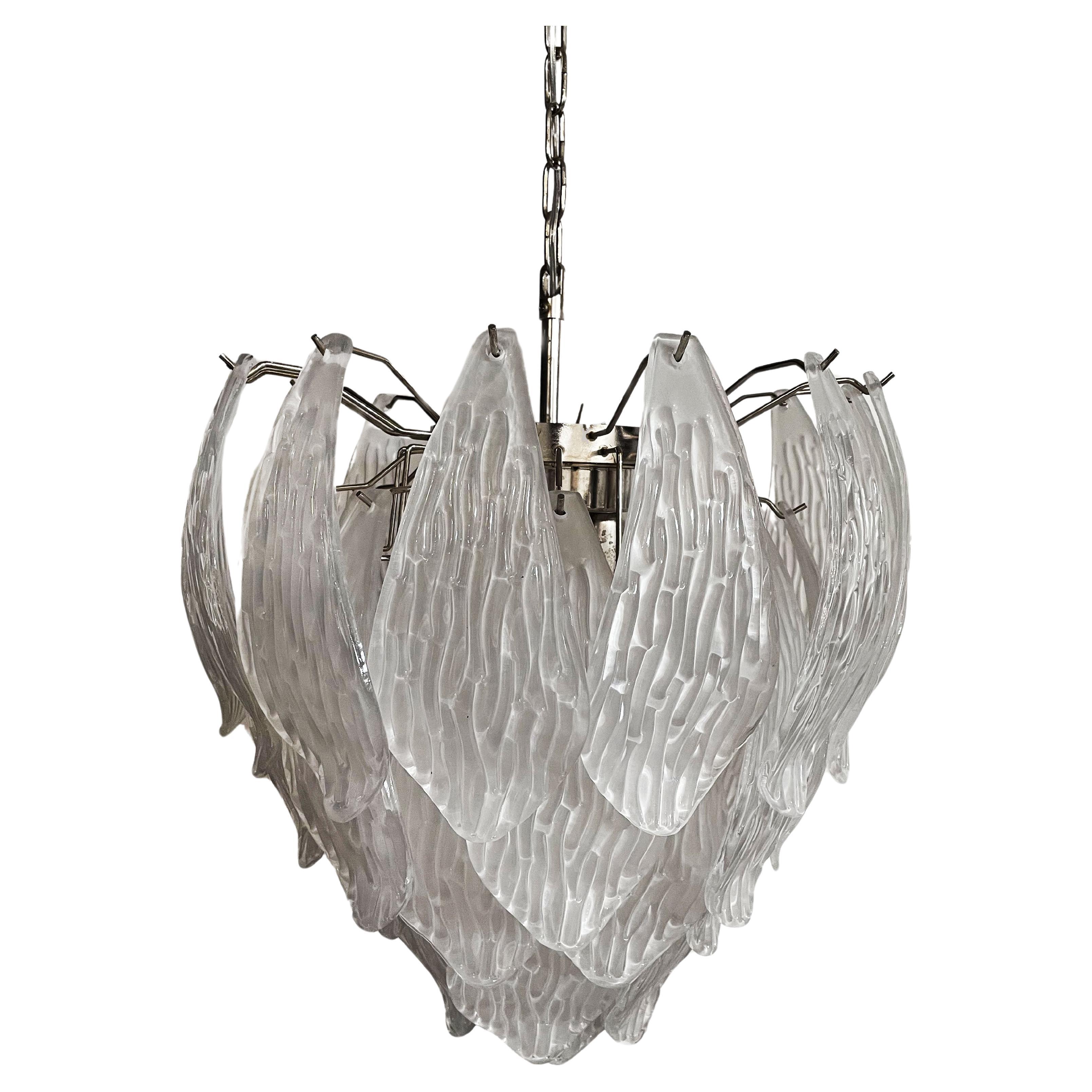 Italian vintage Murano chandelier - frosted carved glass leaves For Sale
