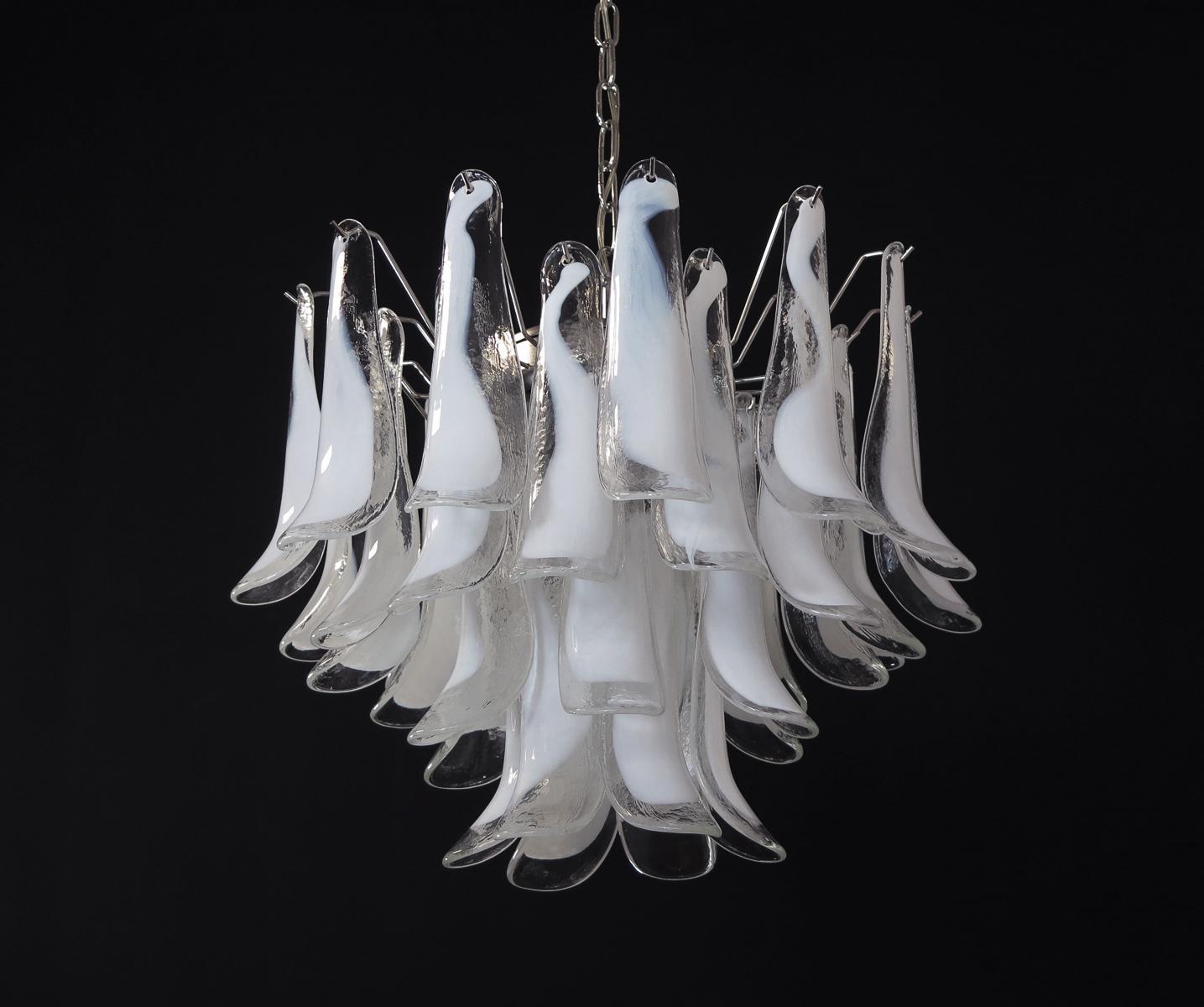 Murano Italian glass chandelier. Fantastic chandelier with white “lattimo” glasses, nickel-plated metal frame. It has 36 big monumental petals glass. The glasses are very high quality, the photos do not do the beauty, luster of these
