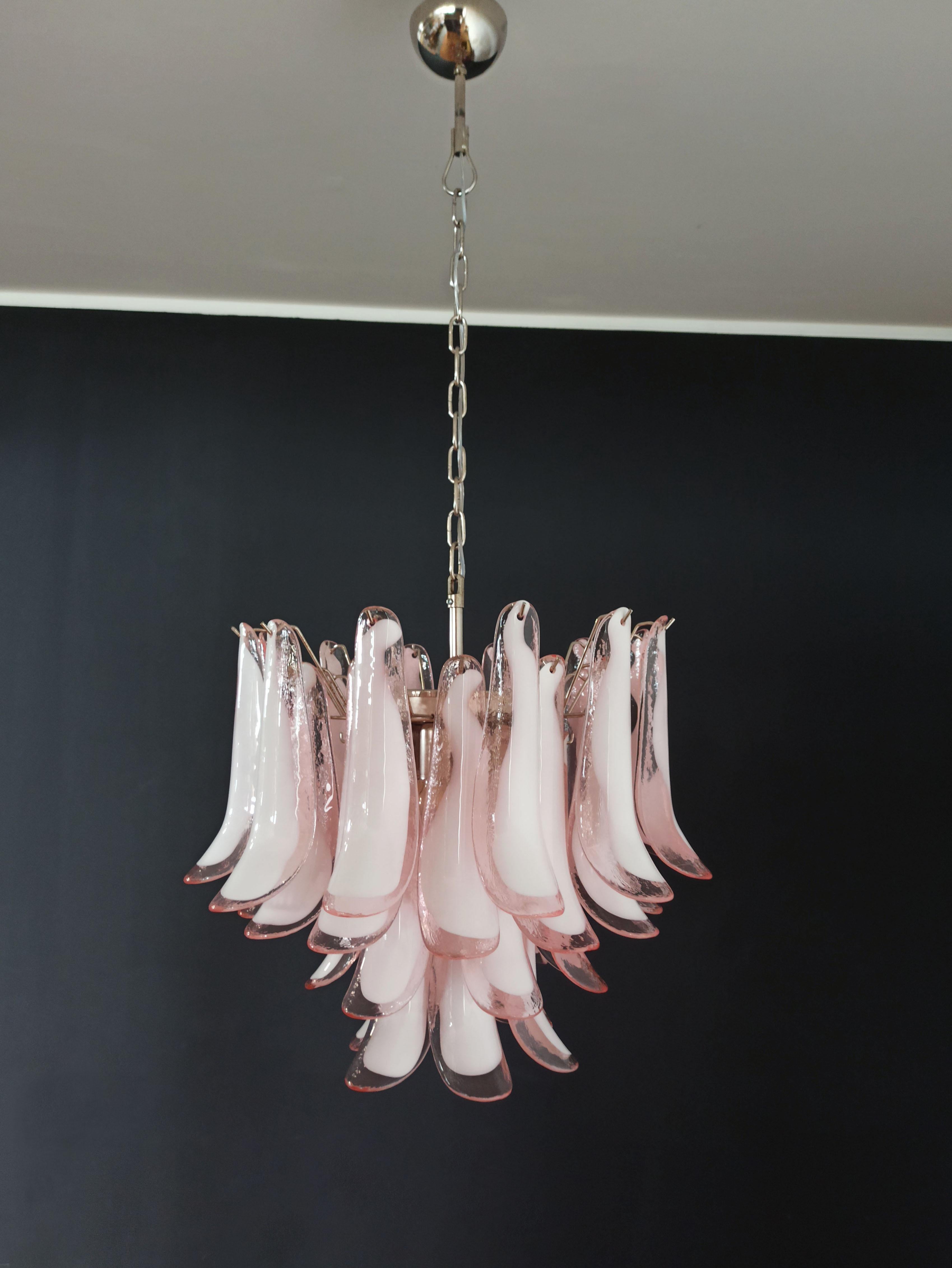 1970s Murano Italian glass chandelier. Fantastic chandelier with pink and white “lattimo” glasses, nickel-plated metal frame. It has 36 big monumental petals glass. The glasses are very high quality, the photos do not do the beauty, luster of these