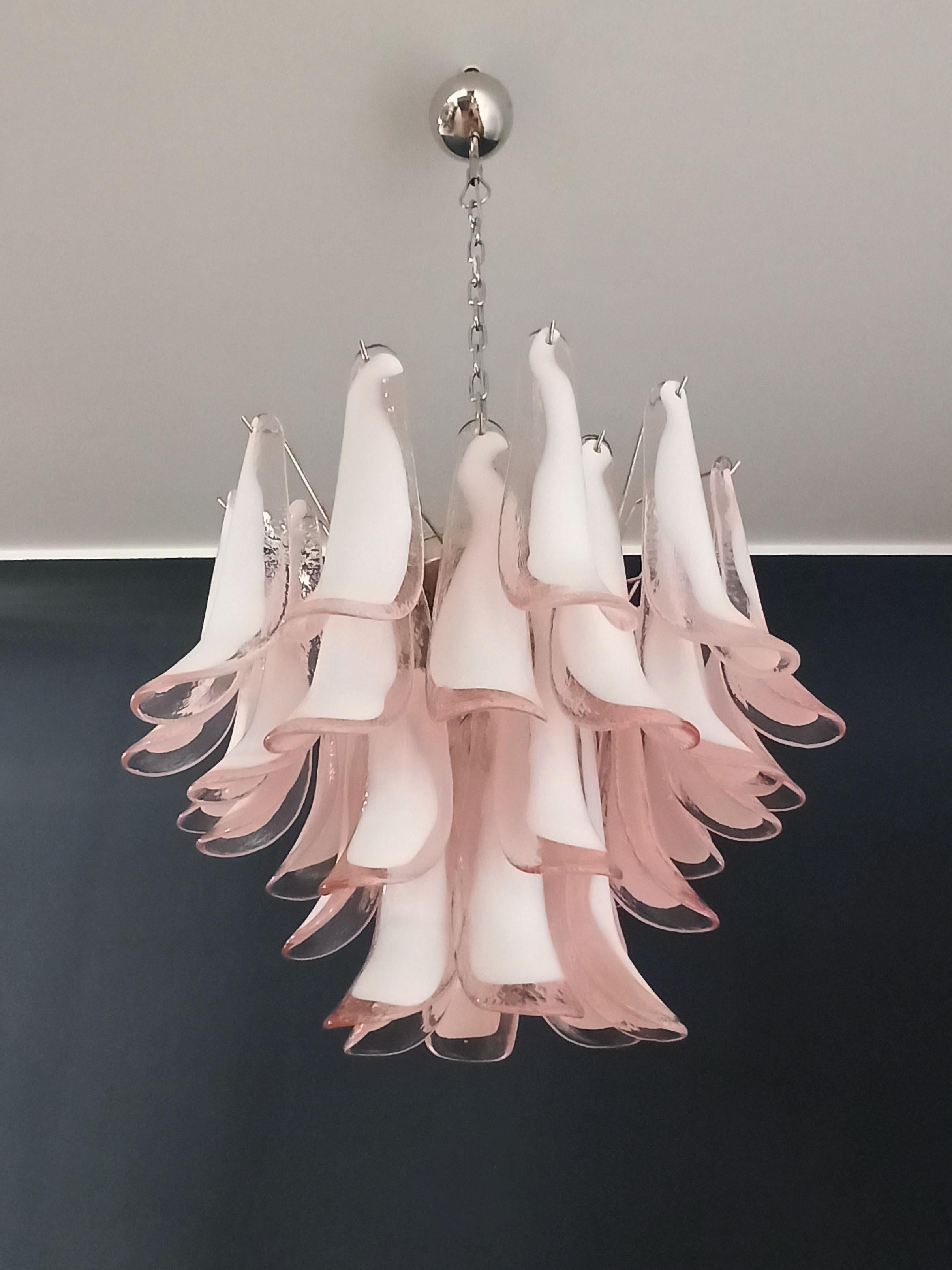 Murano Italian glass chandelier. Fantastic chandelier with pink and white “lattimo” glasses, nickel-plated metal frame. It has 36 big monumental petals glass. The glasses are very high quality, the photos do not do the beauty, luster of these