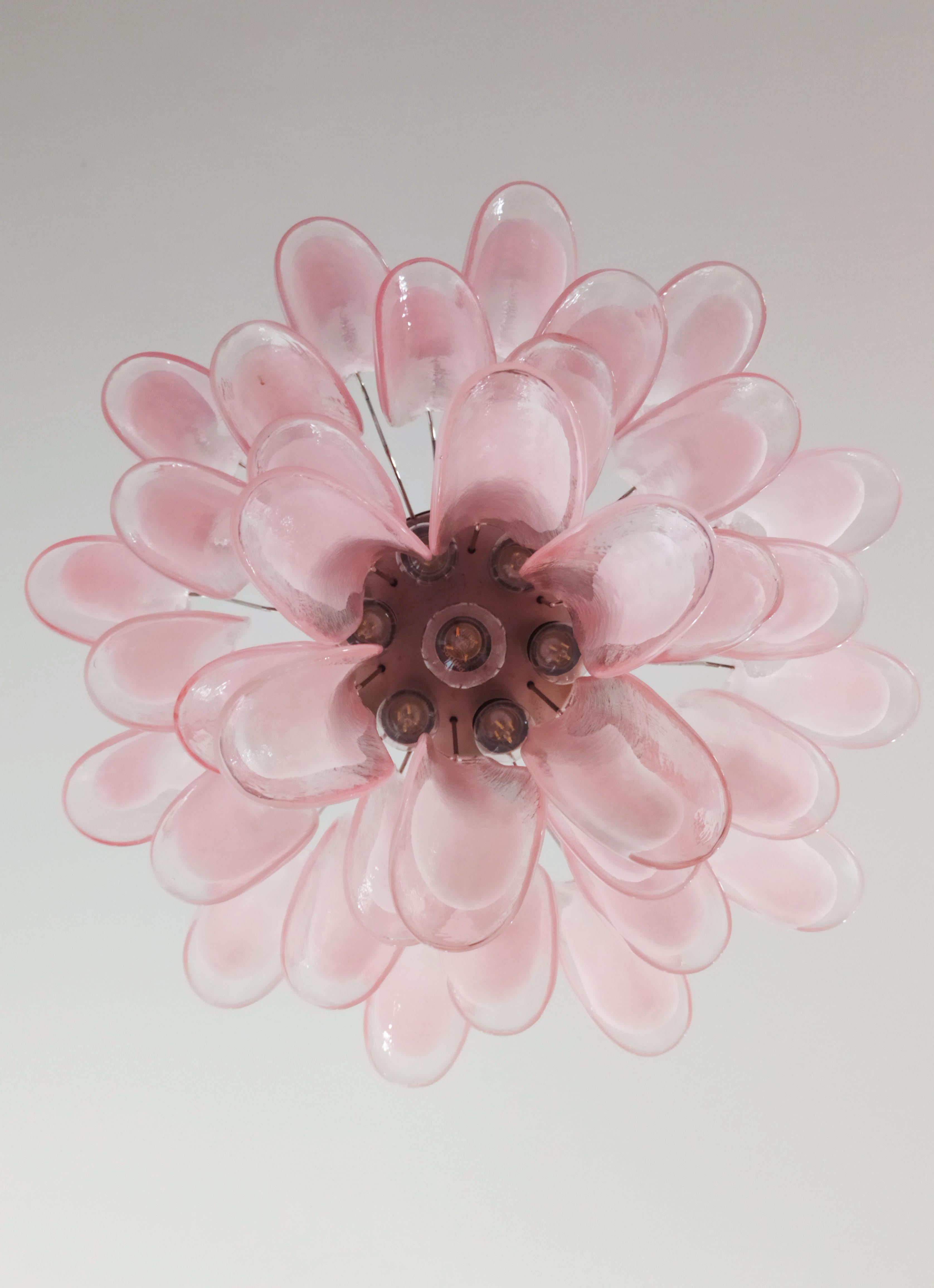 Blown Glass Italian Vintage Murano Chandelier, Mazzega, 36 Lattimo Pink Glass Petals