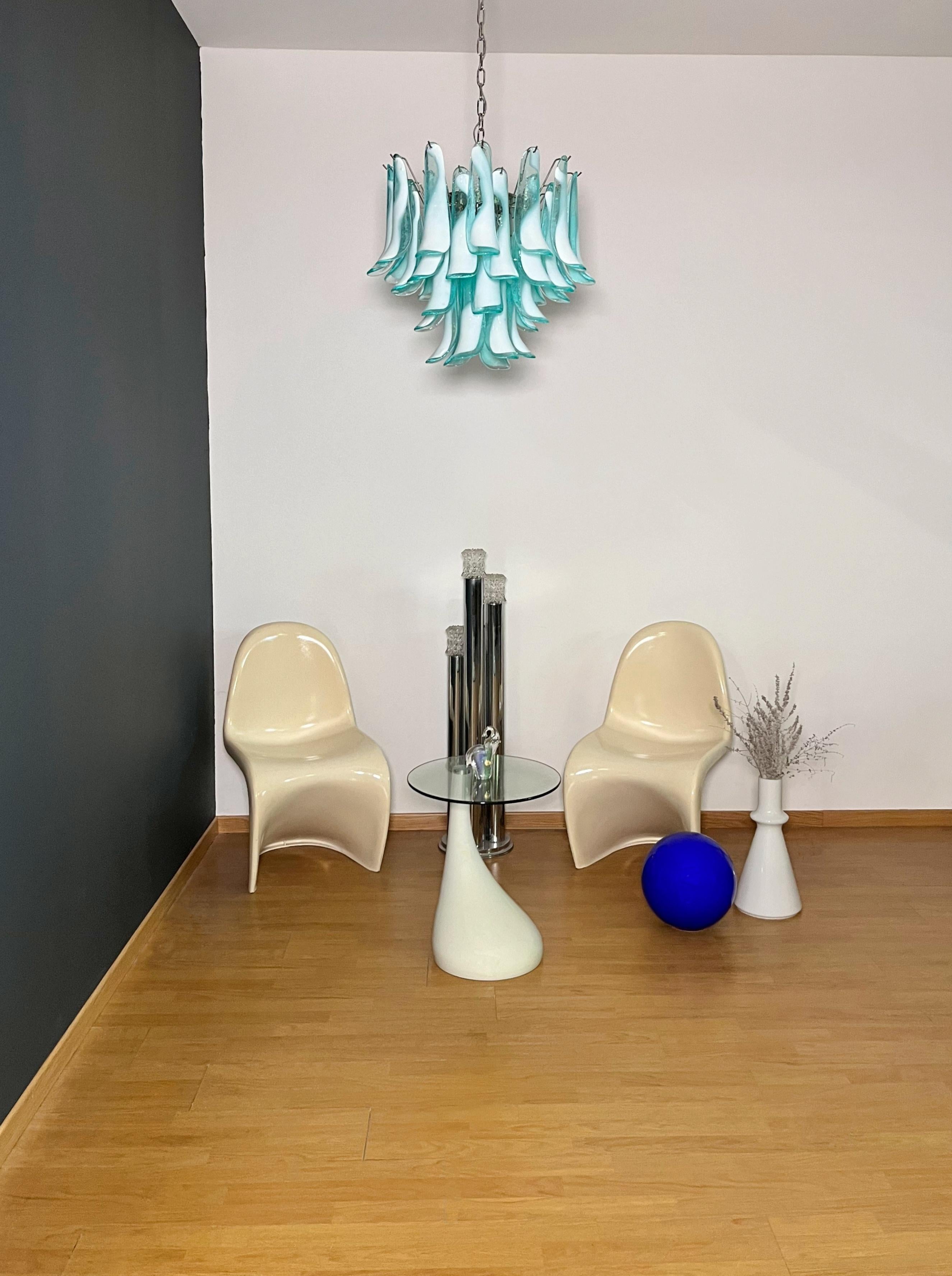 Murano Italian glass chandelier. Fantastic chandelier with turquoise and white “lattimo” glasses, nickel-plated metal frame. It has 36 big monumental petals glass. The glasses are very high quality, the photos do not do the beauty, luster of these